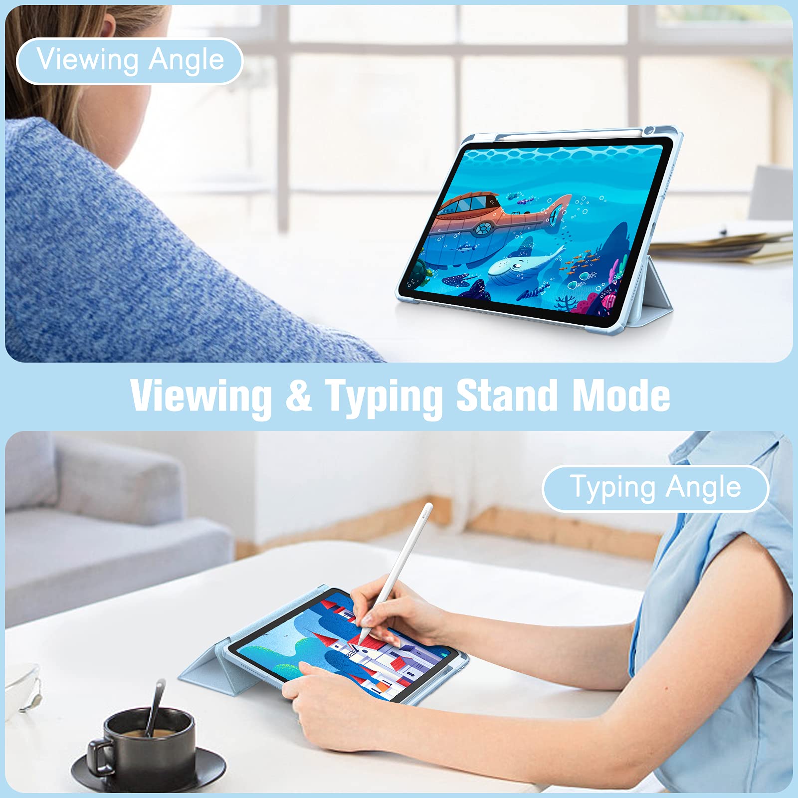 Fintie Hybrid Slim Shockproof Case for iPad Air 11-inch M3 (2025)/M2 (2024) & iPad Air 5th/4th Gen 10.9 Inch - Clear Back Protective Cover with Apple Pencil Holder, Sky Blue | Perfect for Work, School & Travel Protection