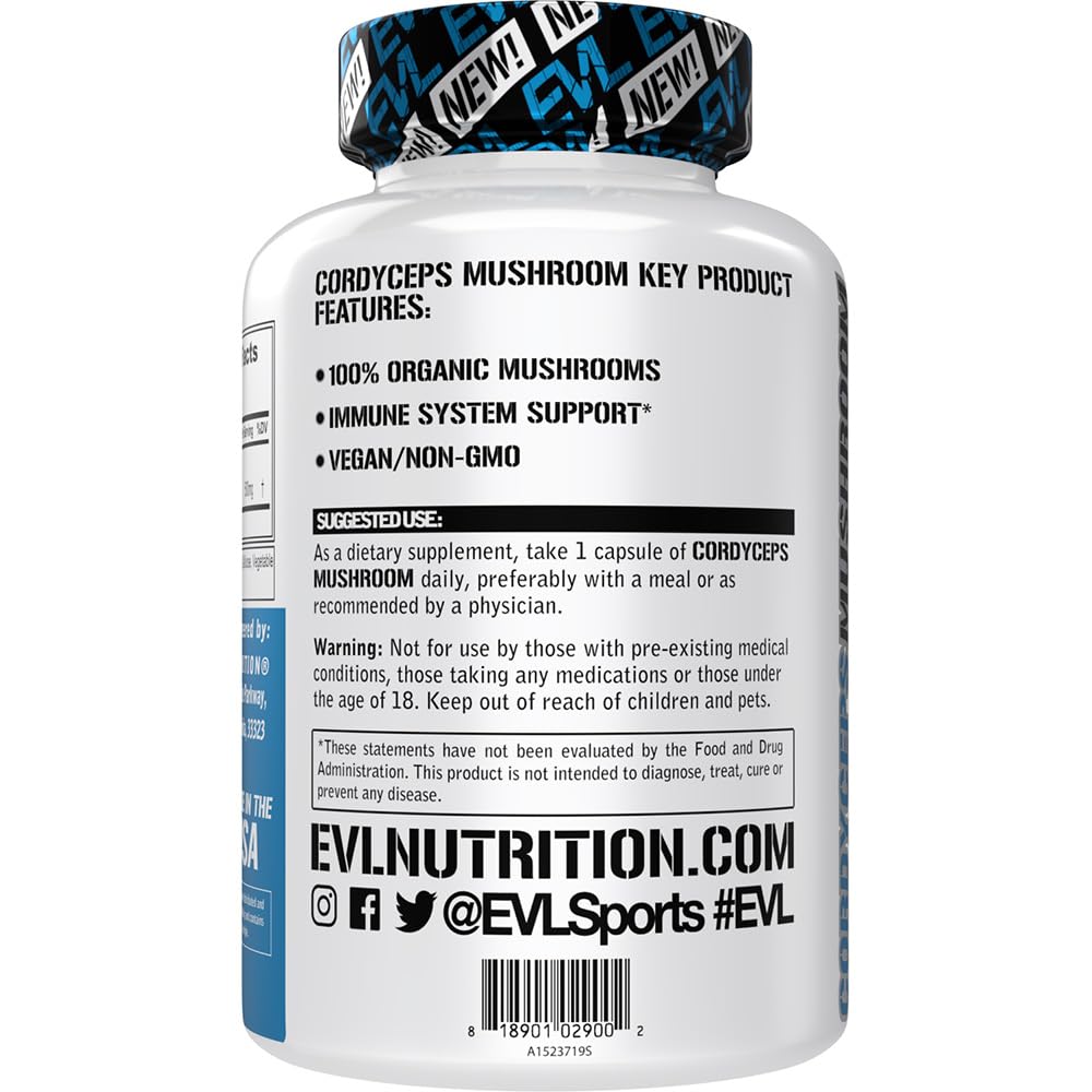 EVLution Nutrition Cordyceps Mushroom Supplement - 60 Vegan Capsules for Energy, Stamina & Immune Support - Perfect for Athletes, Fitness Enthusiasts & Wellness Routines