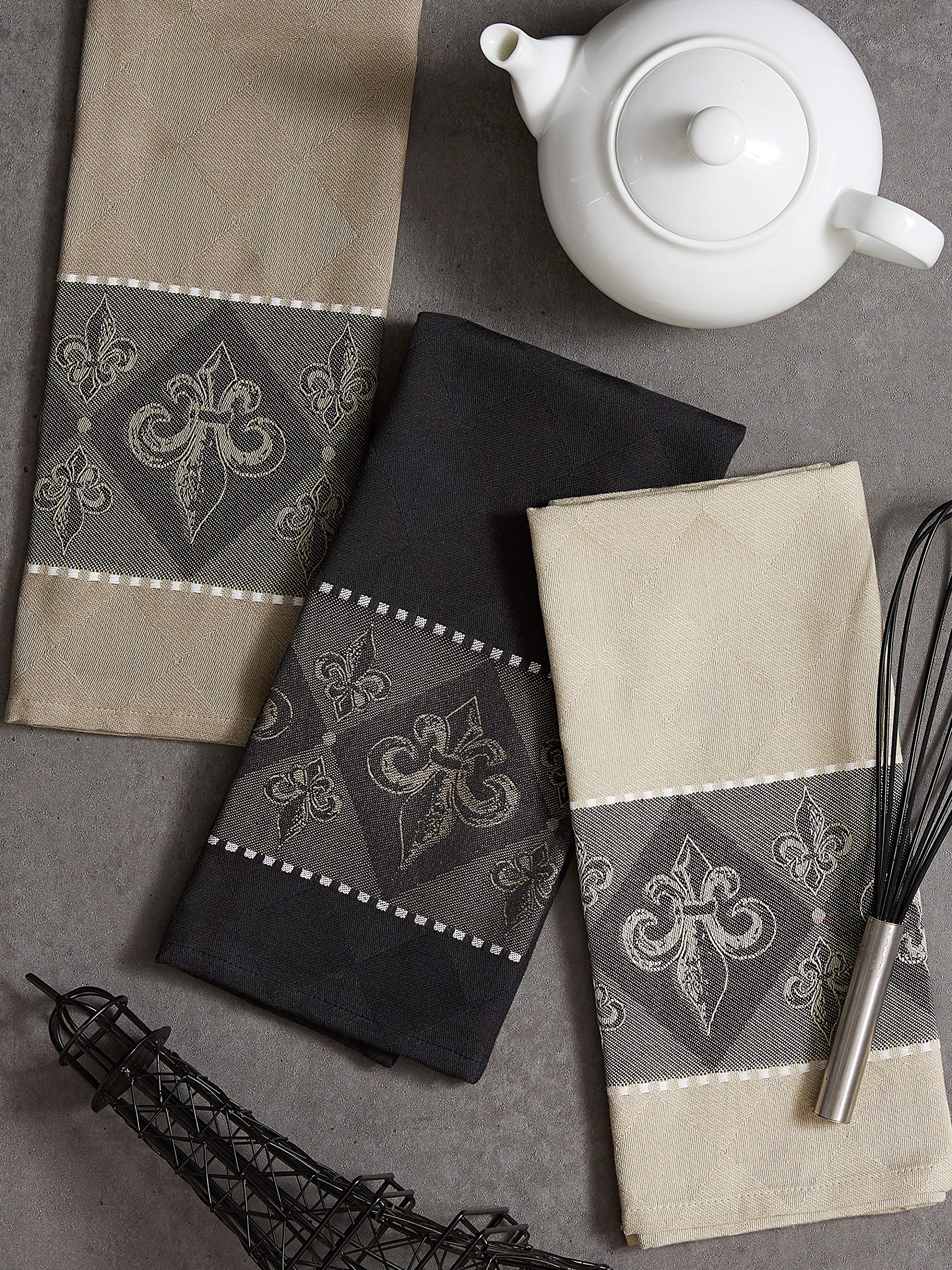 DII Cotton French Jacquard Dish Towels Set of 3 - Decorative Kitchen Tea Towels for Cooking, Baking & Drying Dishes - French Macaroon Design - Perfect for Everyday Use, Hosting & Gift Giving