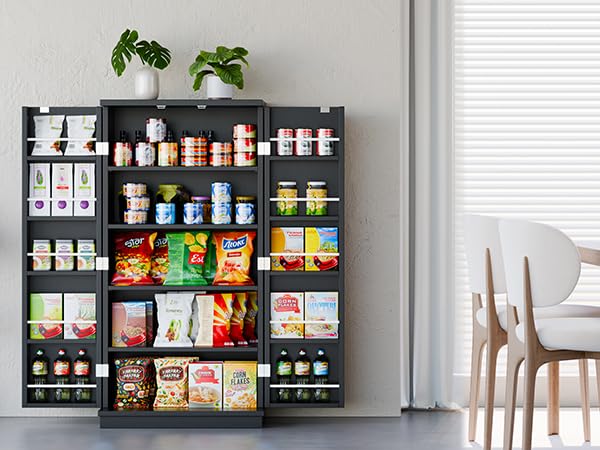 Meilocar 47-Inch Wooden Pantry Cabinet with Adjustable Shelves & Doors - Freestanding Kitchen Storage Cupboard for Pantry, Living Room, Dining Room & Office (Black) | Perfect for Organizing Food, Dishes & Home Essentials