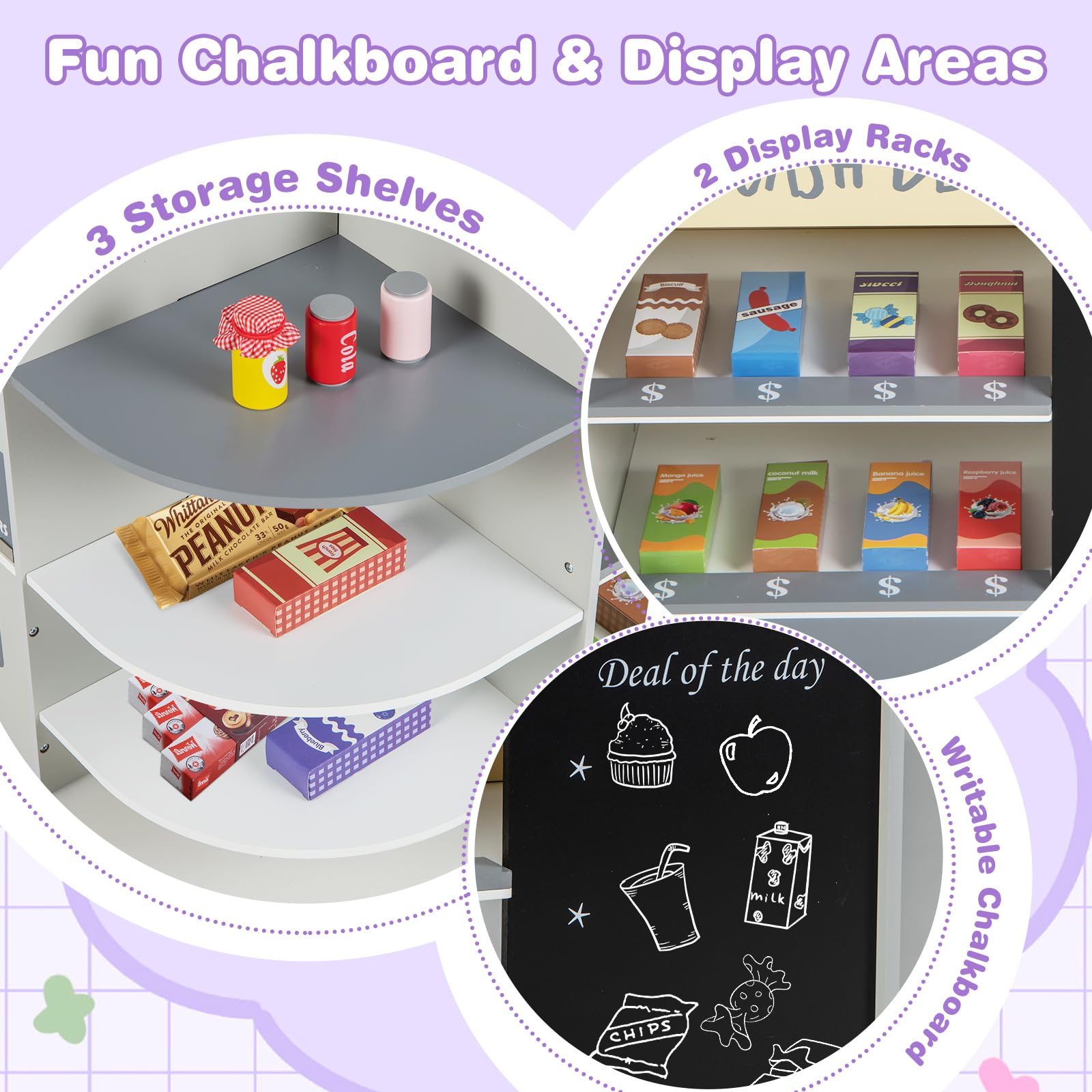 HONEY JOY Kids Grocery Store Playset - Wooden Supermarket Toy with Cash Register, Vending Machine & Checkout Counter - Pretend Play Set for Toddlers Boys & Girls (Gray) - Perfect for Role Play, Early Learning & Social Skills Development