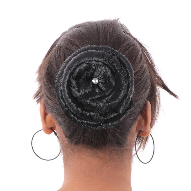 NAVMAV Women's Hair Bun Clip - Black Synthetic Hair Extension for Short to Medium Hair | Stone Decorated Juda Bun for Bridal, Wedding & Special Occasions | 1 Piece Medium Size Hair Accessory