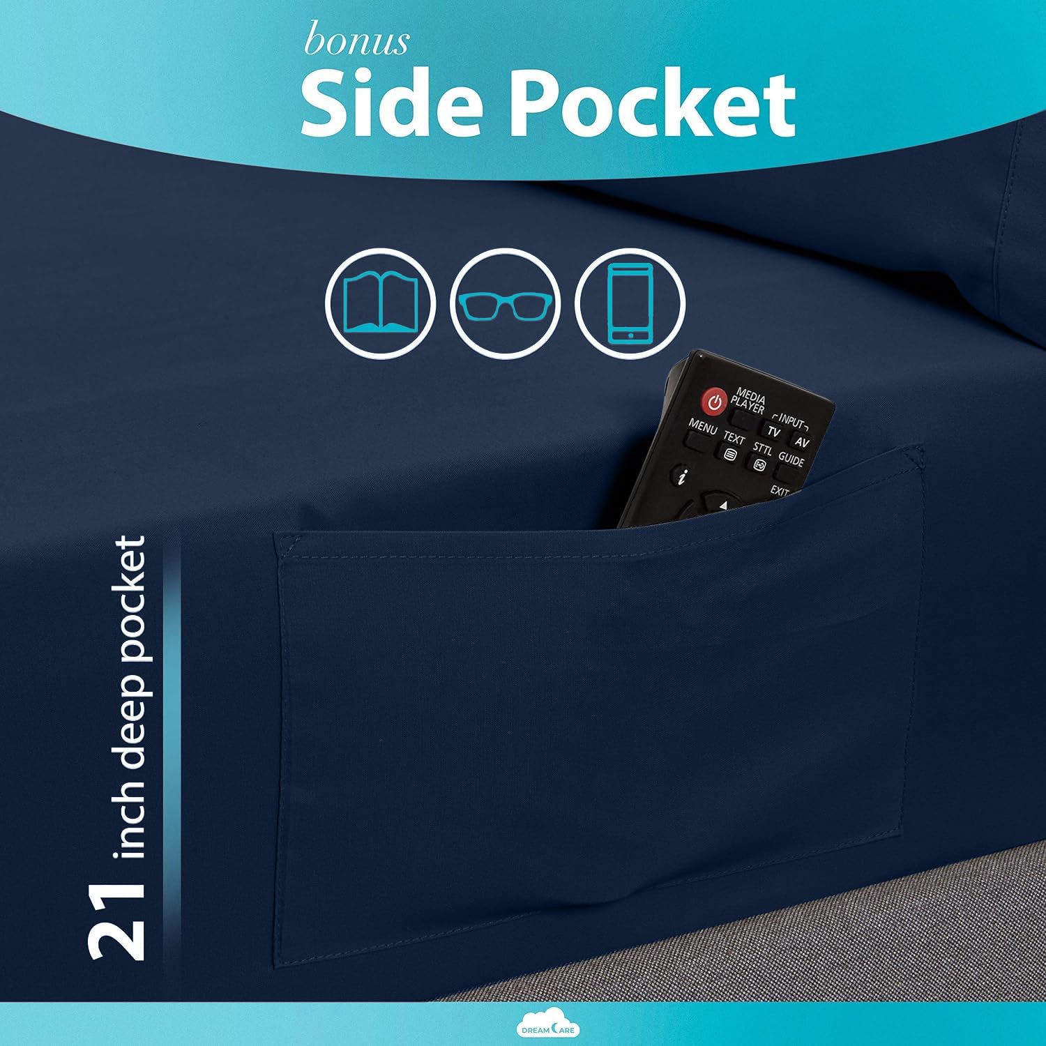 DREAMCARE Twin XL Fitted Sheet - Extra Deep Pocket 21 Inch Mattress Cover - OEKO-TEX Certified Luxury Hotel Quality Bedding - Soft Breathable Navy Blue Sheet for College Dorms, Guest Rooms & RV Beds