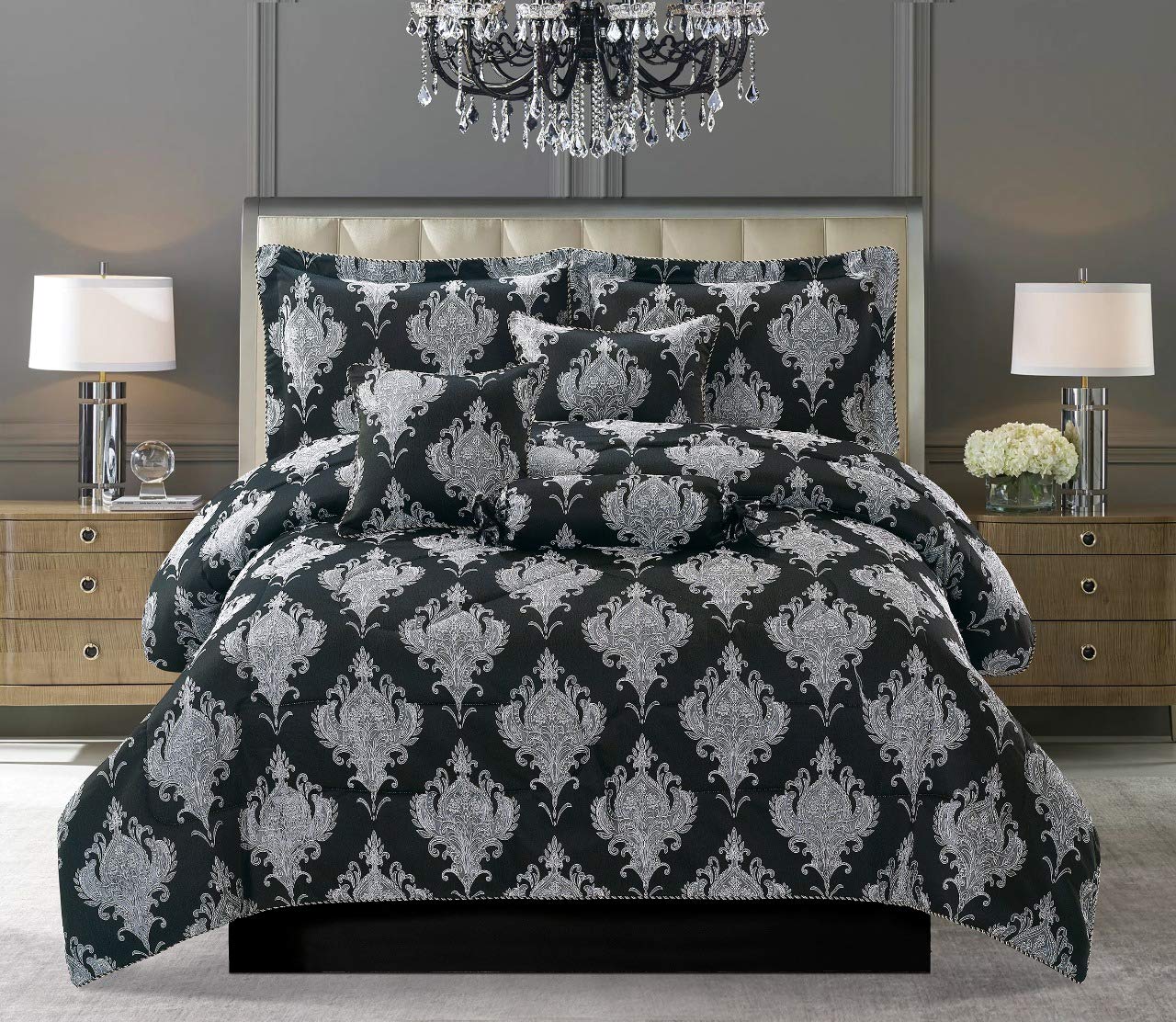 Luxury 7-Piece Quilted Jacquard Comforter Set - Ultra Soft Bedspread & Throw Blanket - Emma Black - Super King Size for Master Bedroom & Guest Room Decor