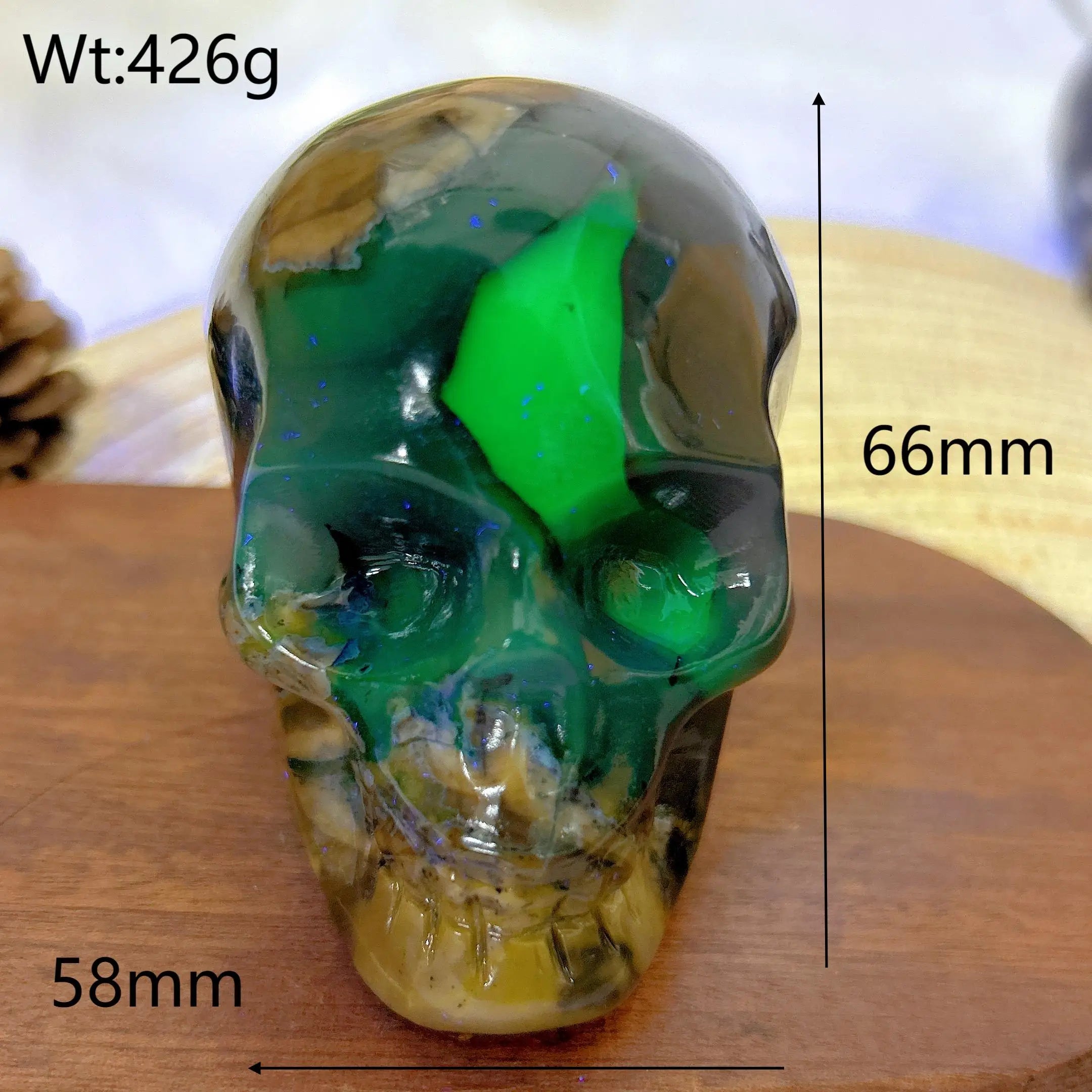 Natural Volcanic Agate Skull Carving with UV Light Effect - Green Flashy Healing Crystal for Energy, Home Decor & Spiritual Gifts | Perfect for Meditation, Feng Shui & Unique Gift Giving