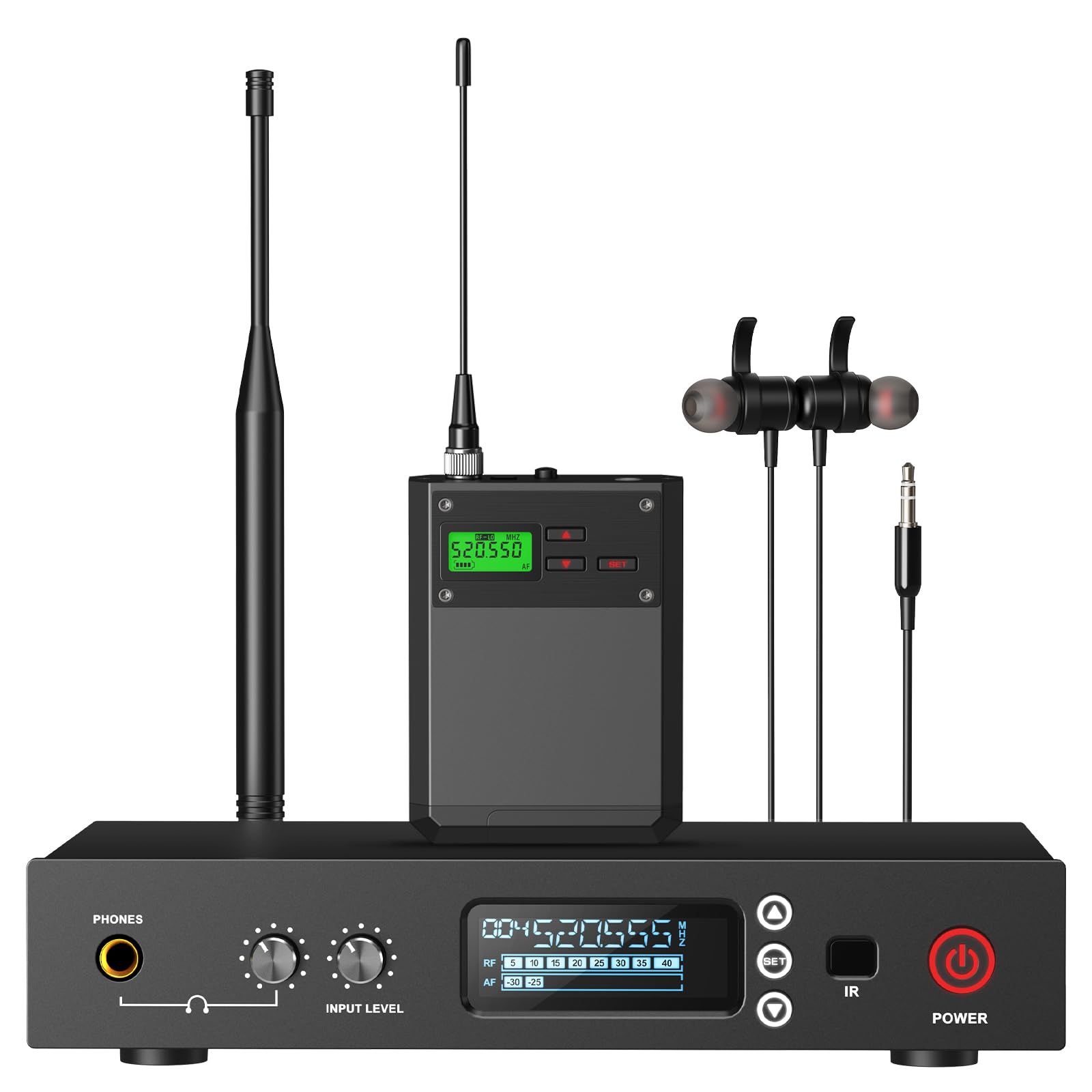 Professional UHF Wireless In-Ear Monitor System with Auto Scan Frequency, Transmitter & Bodypacks (262ft Range) - Ideal for Stage Performances, Live Monitoring & Studio Recording