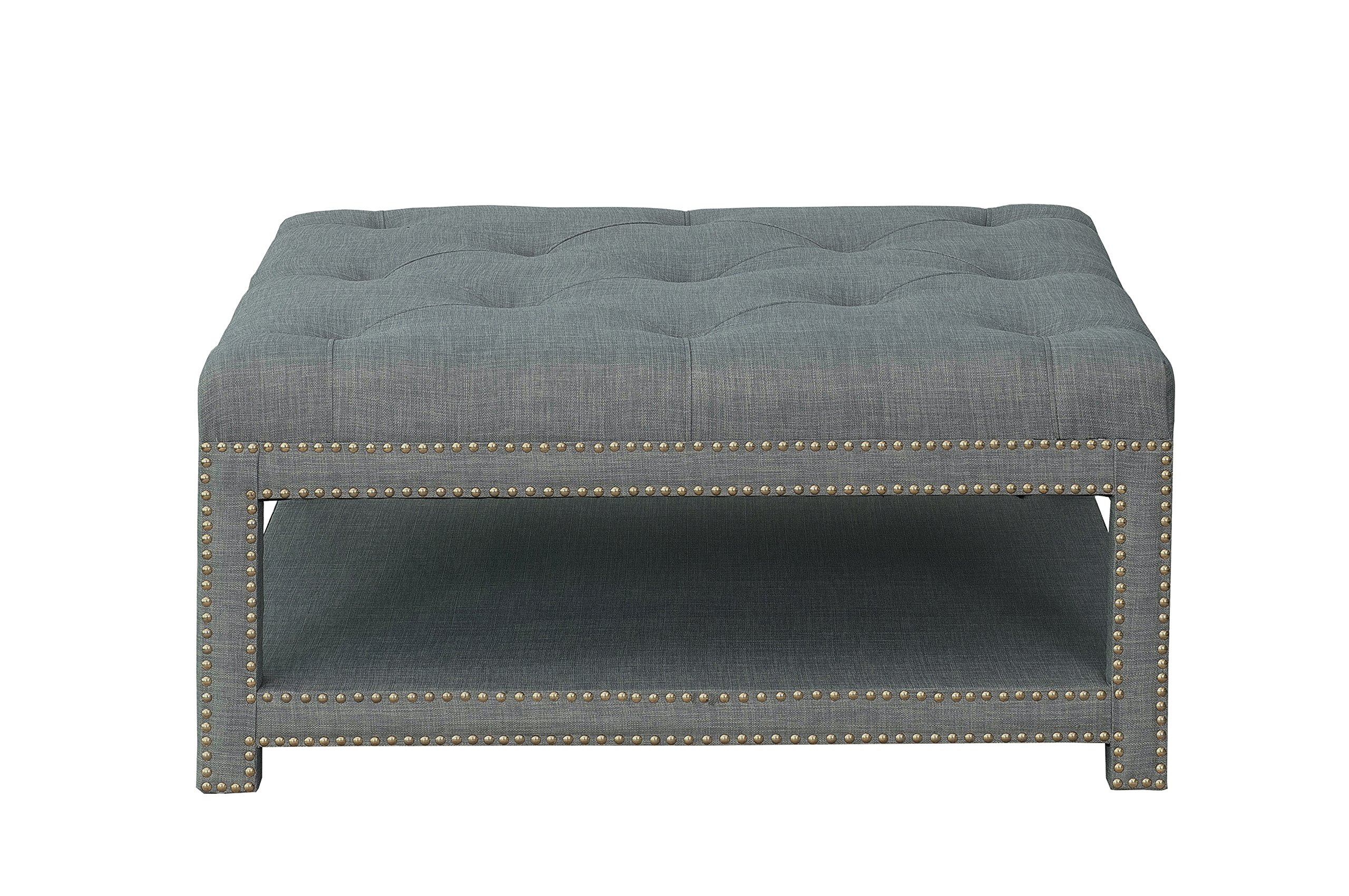 Bina Coffee Table Ottoman - 2-Layer Tufted Linen Bench with Nailhead Trim for Living Room