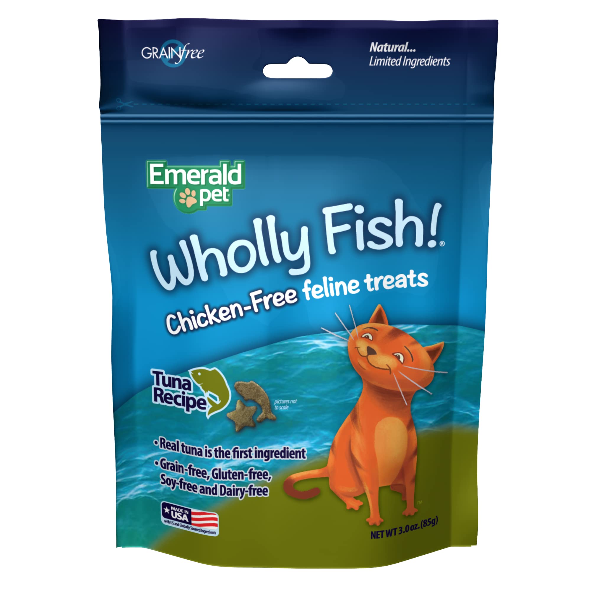 Emerald Pet Wholly Fish! Grain-Free, Chicken-Free Cat Treats with Real Salmon or Tuna - Crunchy Natural Cat Snacks for Indoor & Outdoor Cats - Made in USA, 3 oz - Perfect for Training, Rewards & Bonding Time