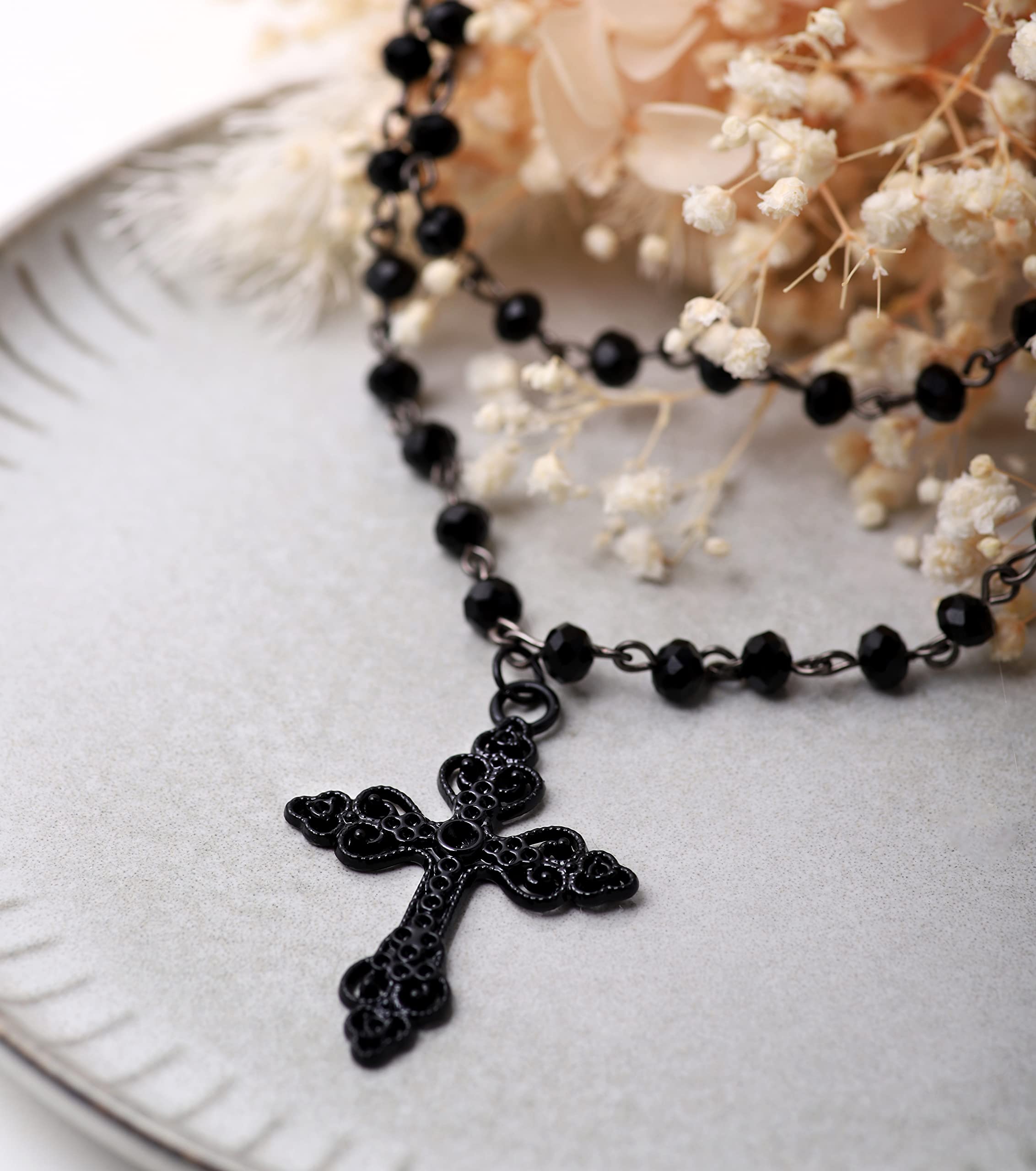 Gothic Layered Cross Choker Necklace - Black Bead Emo Grunge Necklace for Women | Halloween, Christmas Costume Jewelry Gift | Perfect for Gothic Fashion, Party Outfits and Alternative Style