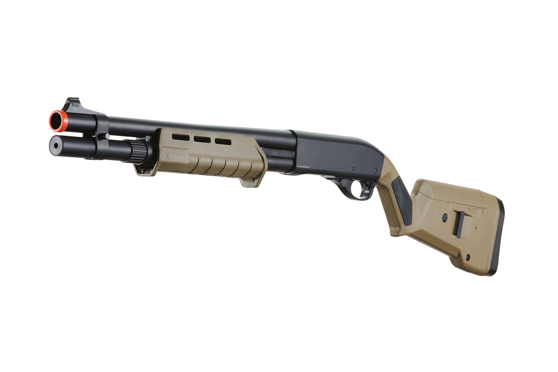 Golden Eagle M870 Pump Action Airsoft Shotgun - 350 FPS, 3/6-Shot Capacity, MLOCK Style, Tan Color with Holder - Perfect for Airsoft Battles, Tactical Training & Outdoor Shooting Games