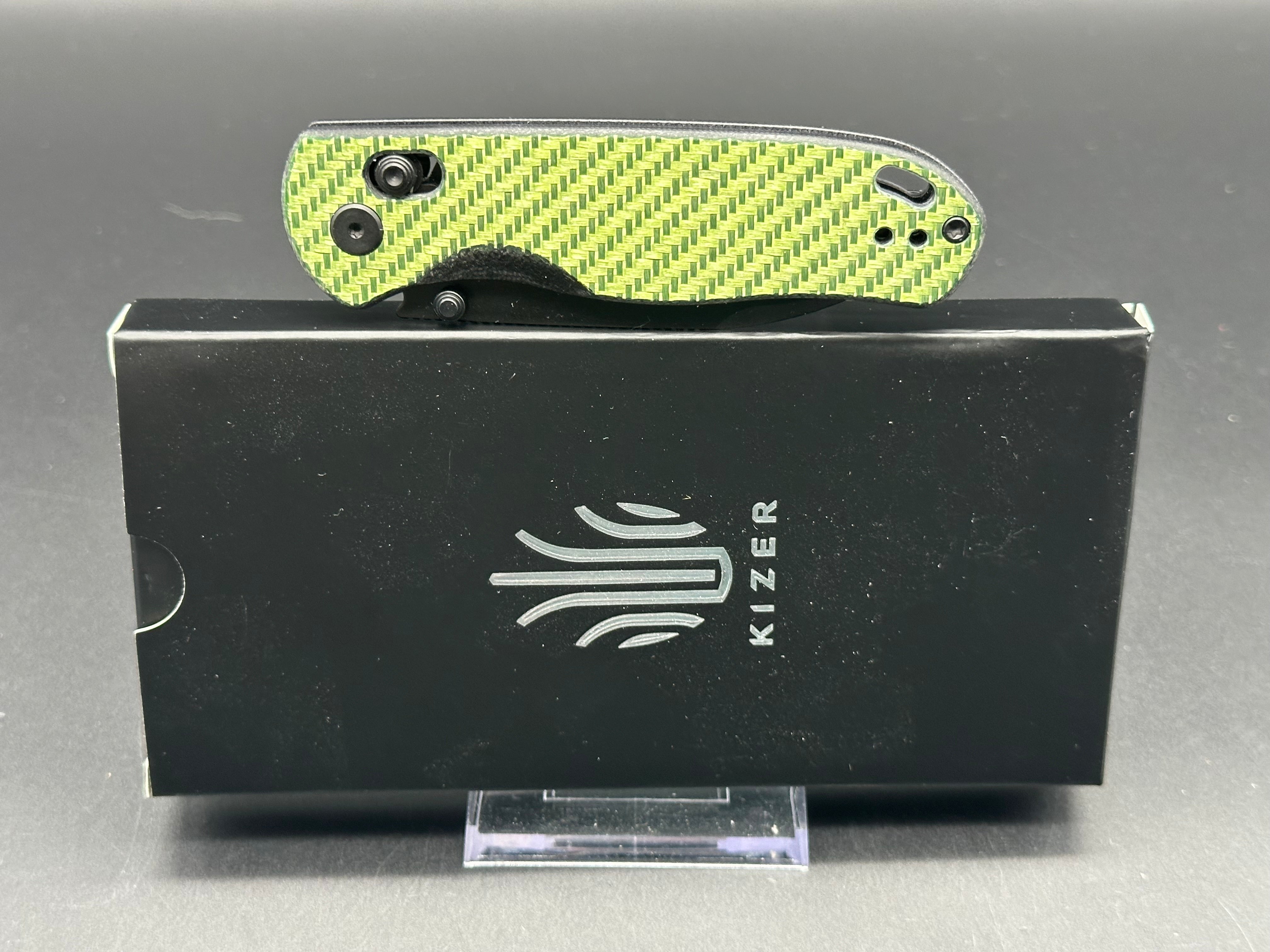 KIZER DROP BEAR Folding Pocket Knife - Green Carbon Fiber Handle, NITRO-V Steel Blade, Black Plain Edge - EDC, Camping, Hiking & Outdoor Survival Tool