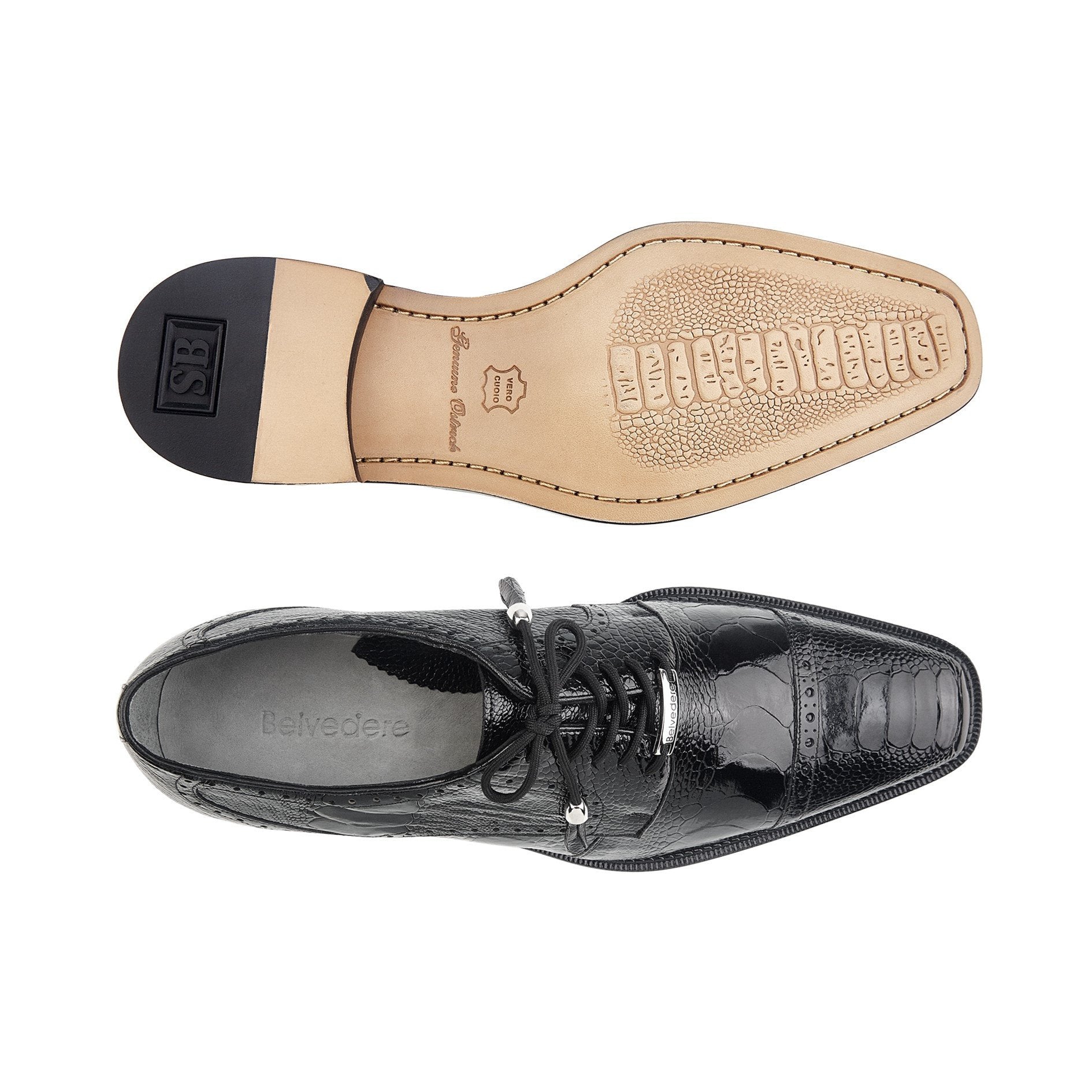 Belvedere Batta Genuine Ostrich Leather Dress Shoes for Men - Black (14006) | Premium Business & Formal Occasion Footwear