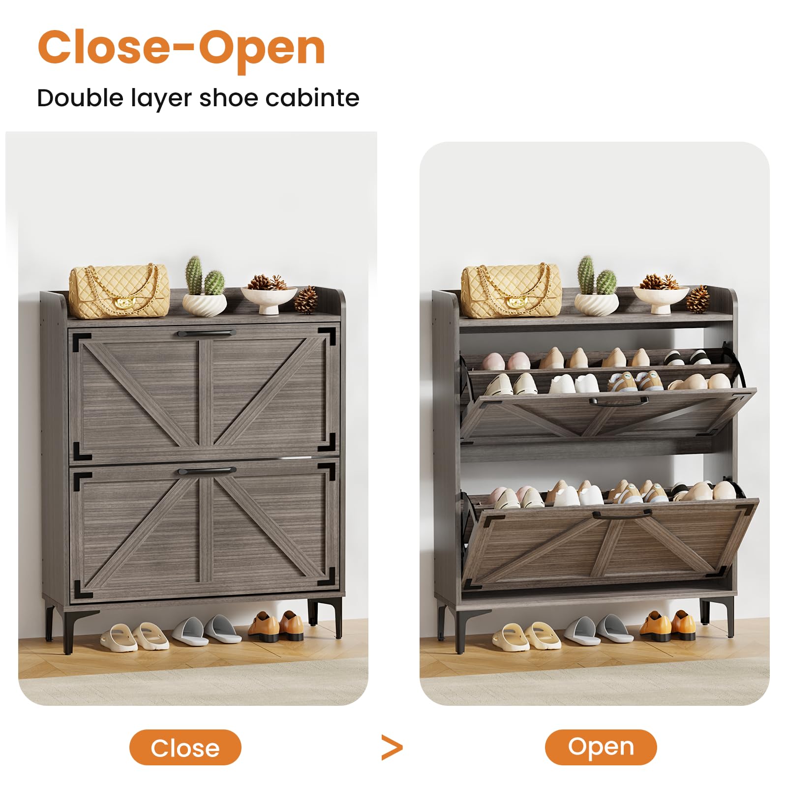 Modern Shoe Storage Cabinet with 2 Flip Drawers - Freestanding Entryway Organizer with Open Shelves & Farmhouse Style Legs in Washed Gray - Perfect for Small Spaces, Hallway, Closet & Apartment Organization