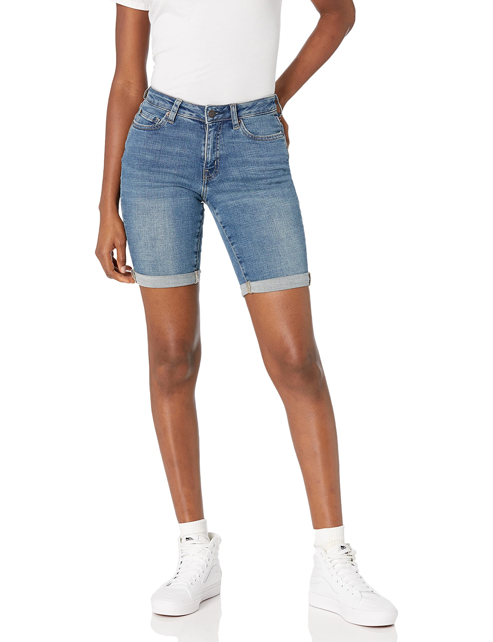 Amazon Essentials Women's Denim Bermuda Shorts with Pockets - Comfortable Stretch Denim Shorts for Women, High Waisted Casual Summer Shorts with Side Pockets | Perfect for Beach, Vacation & Everyday Wear