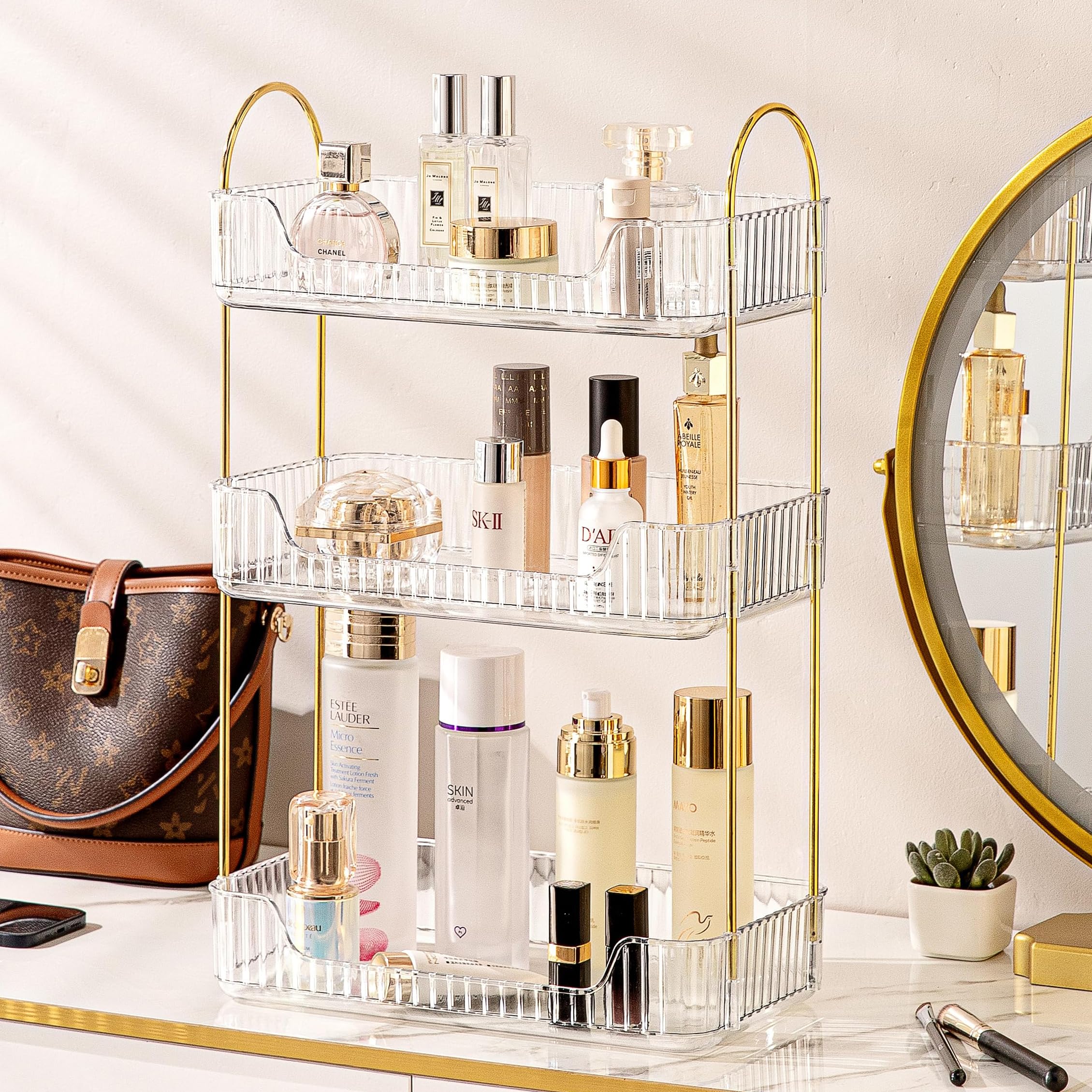 3-Tier White Bathroom Counter Organizer & Skincare Shelf - Perfume Holder for Dresser, Cosmetic Tray for Makeup, Lipstick & Beauty Products | Perfect for Vanity, Bathroom Countertop & Bedroom Dresser Organization