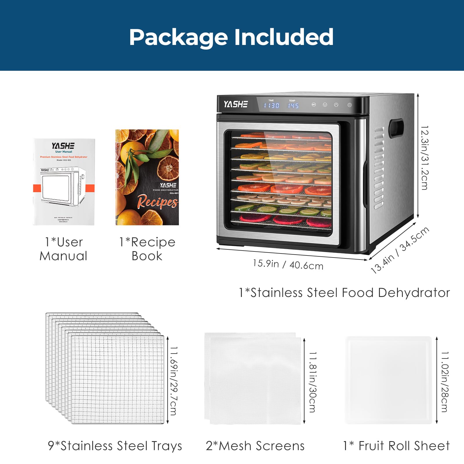 YASHE 9-Tray Stainless Steel Food Dehydrator - 1000W Electric Food Dryer with Adjustable Timer & Temperature Control for Jerky, Fruits, Herbs - Includes Recipes - Perfect for Home Kitchen, Camping & Healthy Snacks