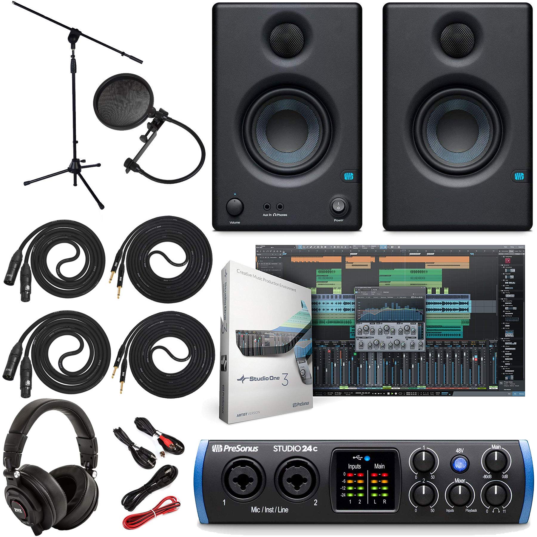 PreSonus Studio 24c 2x2 USB Type-C Audio/MIDI Interface with Eris 3.5 Studio Monitors, 1/4” Instrument Cables & LyxPro Recording Bundle - Perfect for Home Studio Recording, Podcasting & Music Production