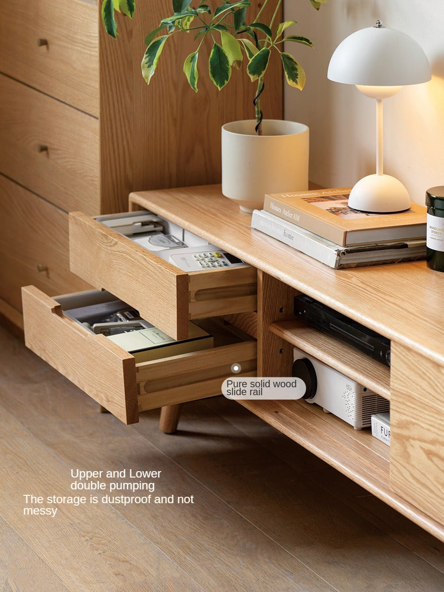 Solid Oak Wood TV Stand with Sliding Doors - Rustic Modern Entertainment Center for Living Room, Bedroom & Home Theater
