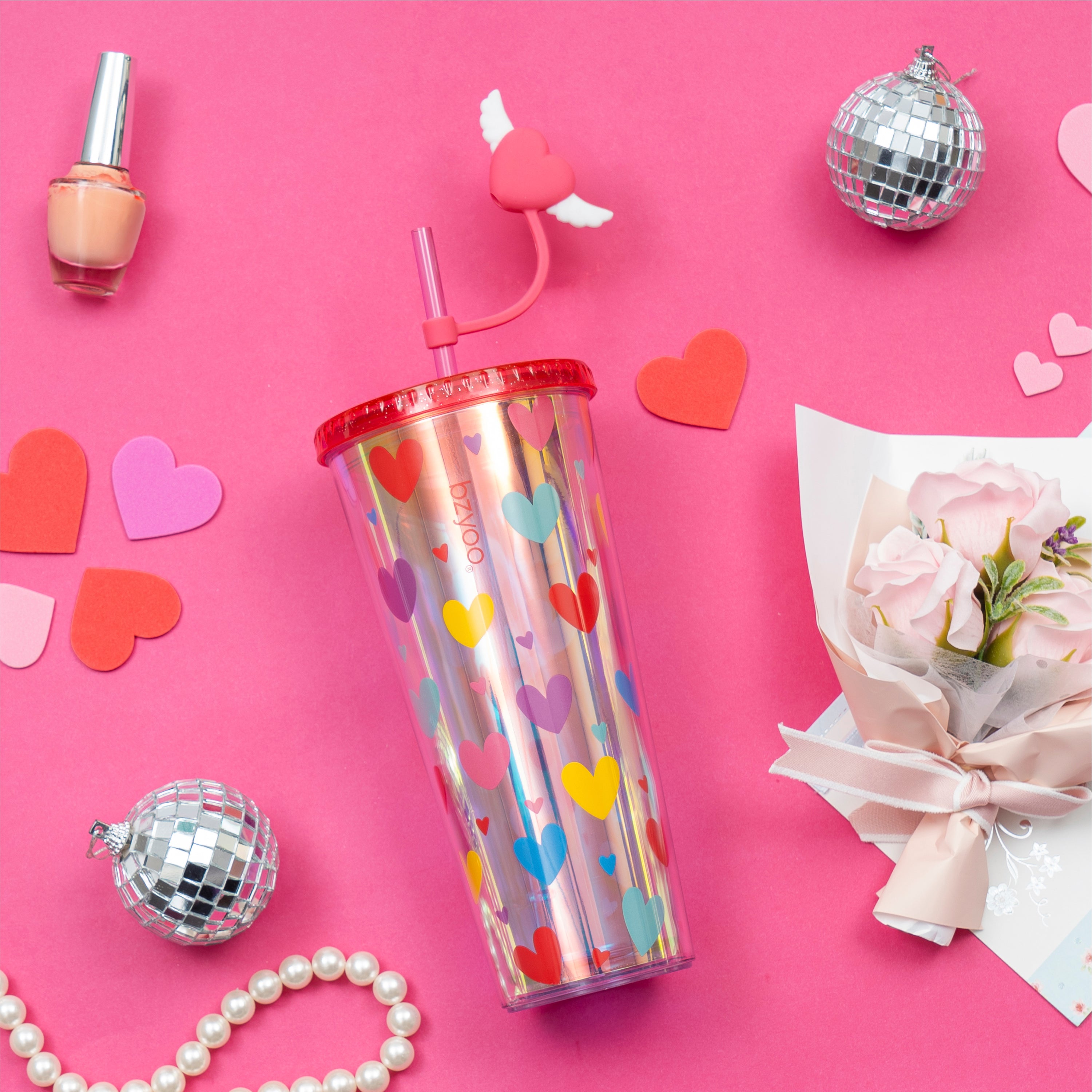 24oz Insulated Tumbler with Heart-Shaped Lid & Wing Straw - Cute Heart Design Vacuum Flask for Coffee, Tea & Cold Drinks - Perfect for Office, Gym & Outdoor Activities