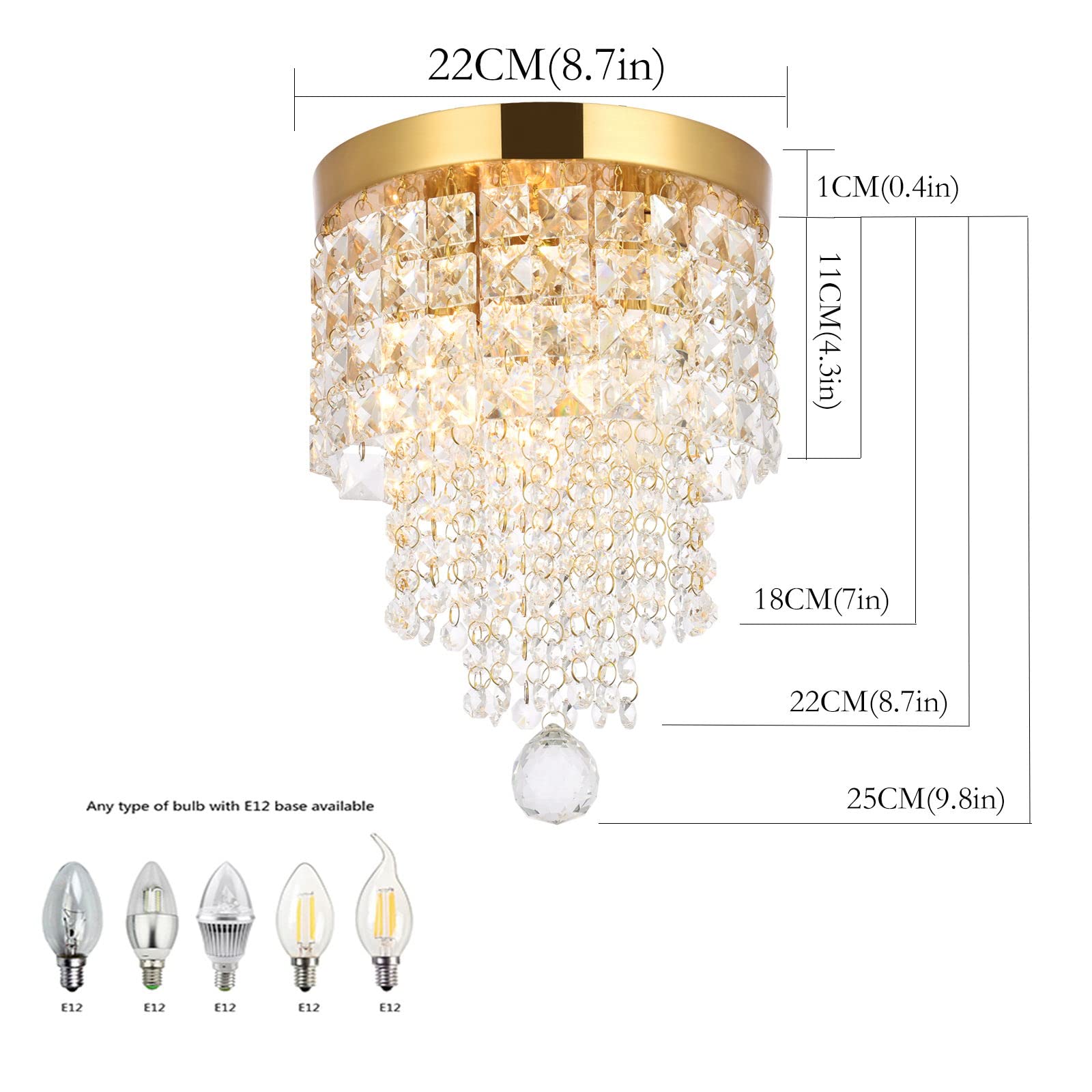 Modern Small 3-Light Gold Crystal Chandelier - Flush Mount Ceiling Pendant Lighting Fixture for Bedroom, Hallway, Living Room, Kitchen & Dining Room - Elegant Home Decor & Ambient Lighting Solution