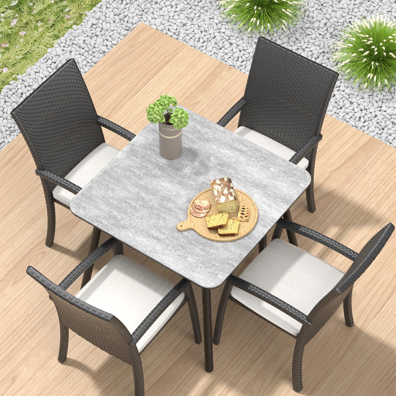 Square Metal Outdoor Dining Table with Marble Look Top - Patio, Garden, Backyard Furniture for Dining & Entertaining