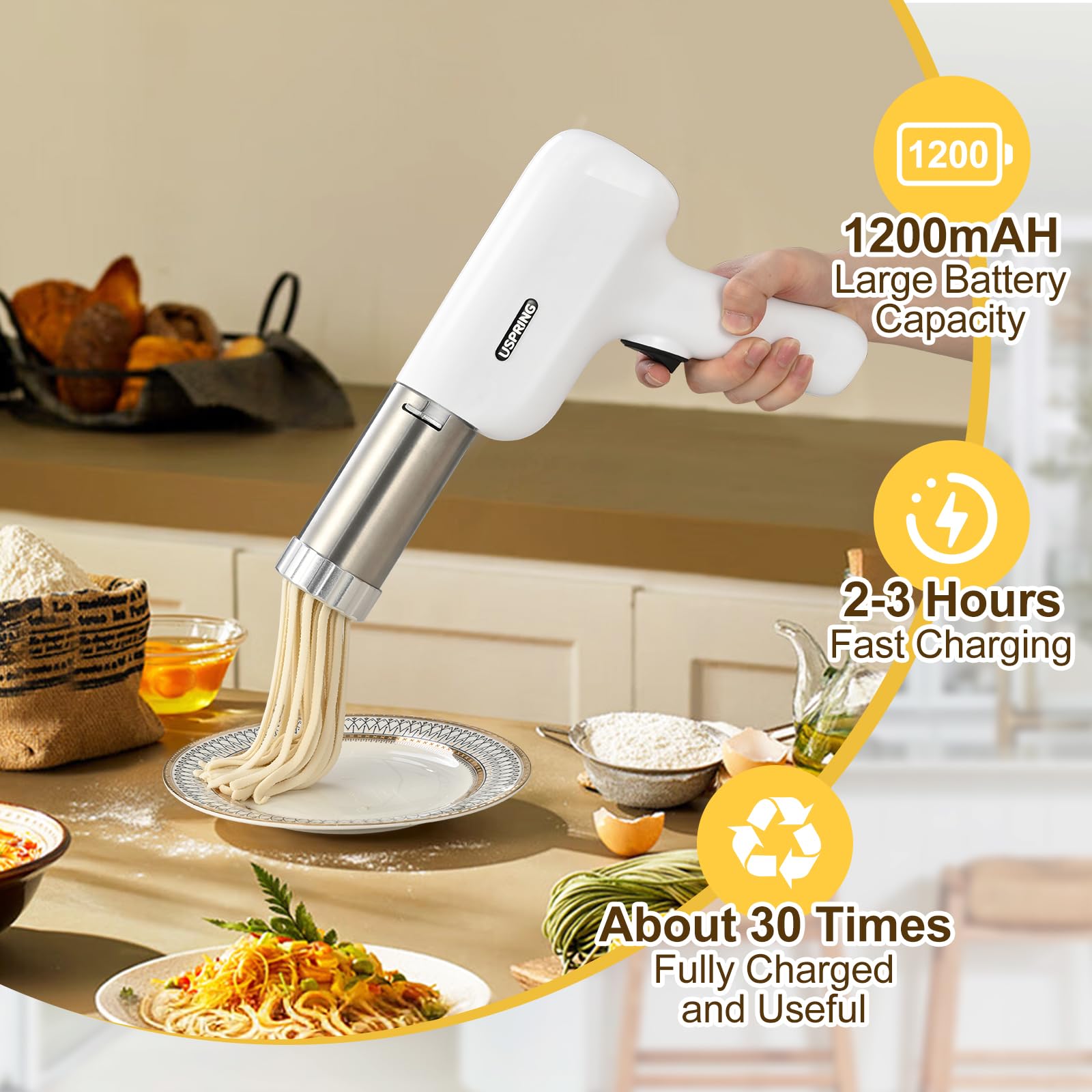 Uspring 5-in-1 Cordless Electric Pasta Maker Machine - Handheld Automatic Noodle Press with Dough Cutter for Homemade Spaghetti, Fettuccine & More - Portable Pasta Maker for Kitchen, Camping & Small Spaces (White)