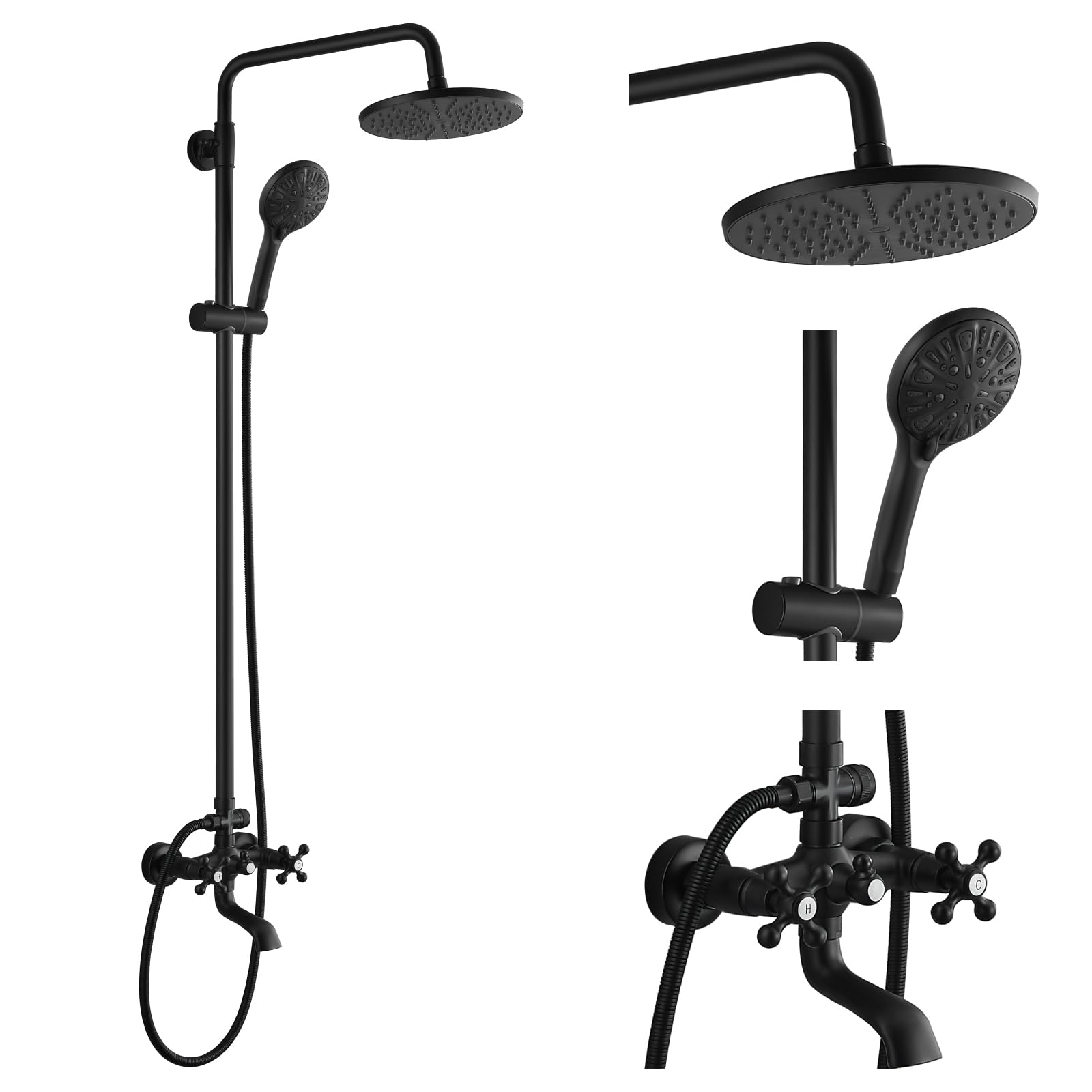 Gotonovo 8 Inch Exposed Shower System - Matte Black Rainfall Showerhead with 3-Function Spray, Tub Spout & 2 Cross Handles for Bathroom Remodeling | Perfect for Master Bath, Guest Bath & Spa-Like Shower Experience