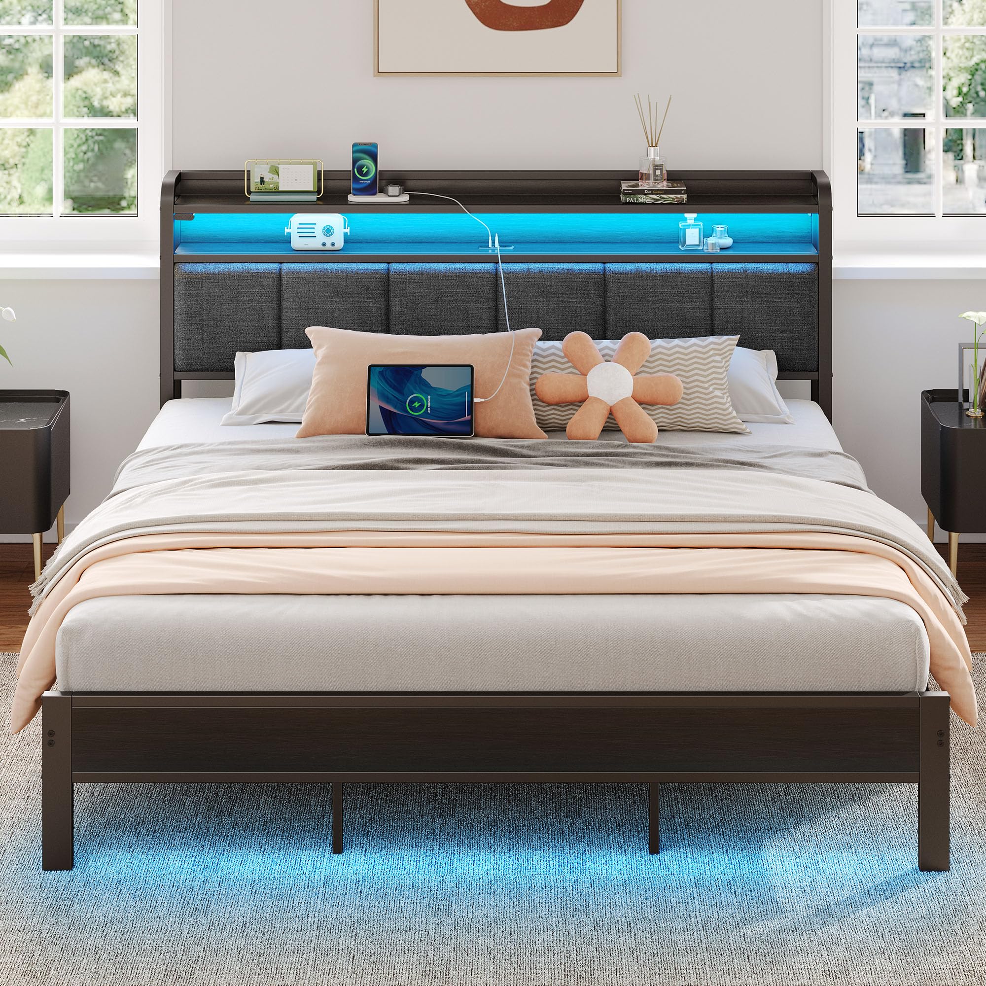 Rolanstar King Size Bed Frame with USB Charging Station & LED Lights, Upholstered Storage Headboard, Heavy Duty Metal Slats - No Box Spring Needed, Quiet & Easy Assembly, Dark Grey - Perfect for Modern Bedrooms, Guest Rooms & Small Spaces