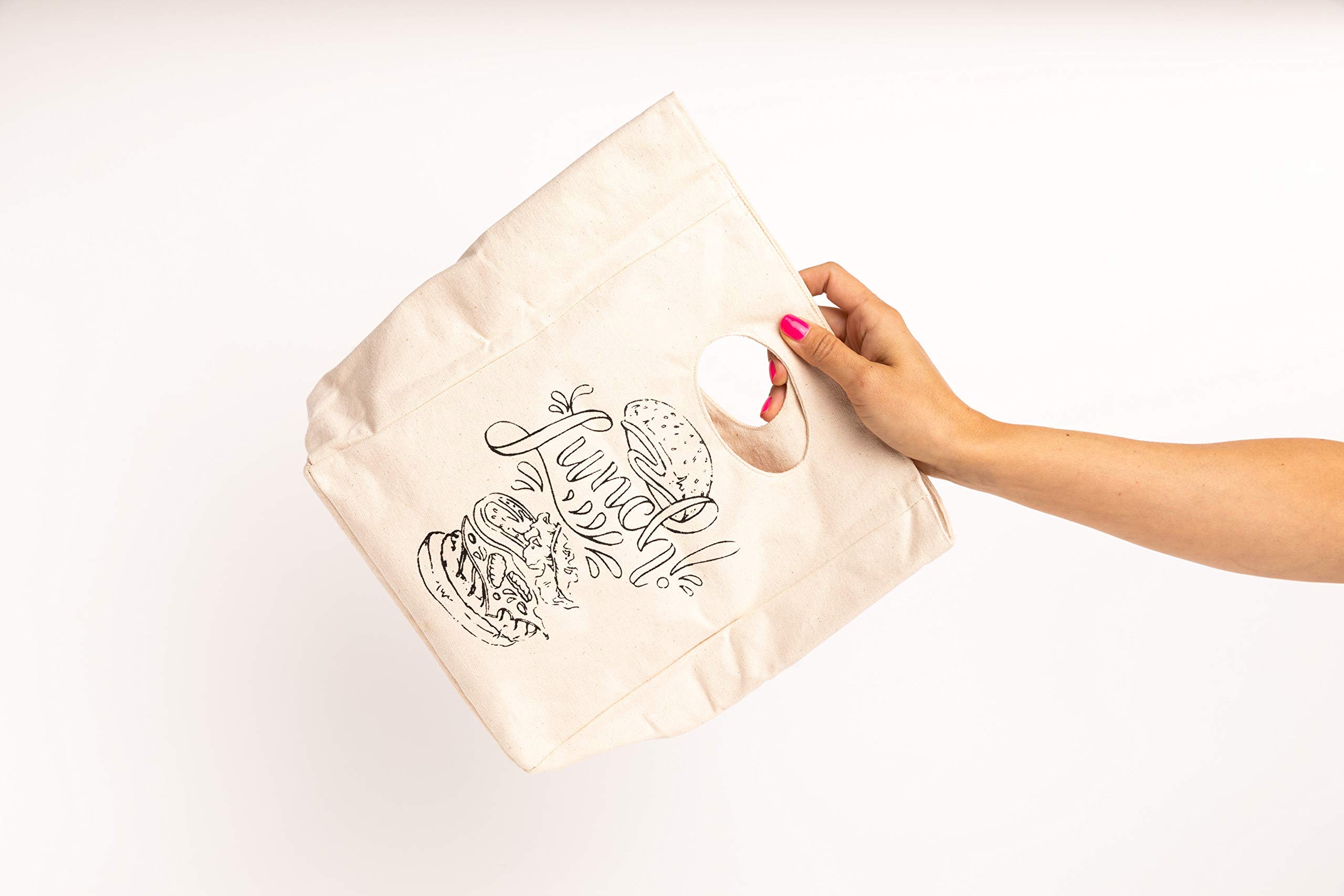 Organic Cotton Canvas Lunch Bag - Eco-Friendly & Machine Washable Reusable Lunch Tote for Men, Women & Kids - Water Resistant Easy Clean Food Container - Perfect for School, Work, Picnics & Outdoor Activities (White with Black Print - 2 Pack)
