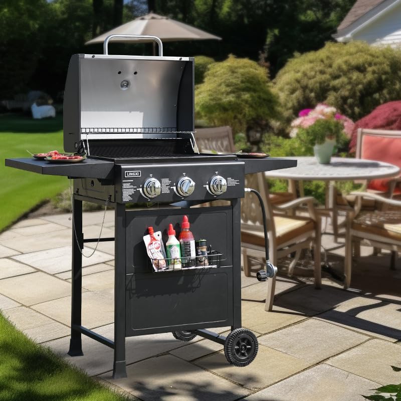 3-Burner Propane Gas Grill with Front Hanging Basket - 30,000 BTU Outdoor BBQ Grill for Backyard, Patio, Garden & Camping - Perfect for Family Cookouts, Tailgating & Summer Barbecues