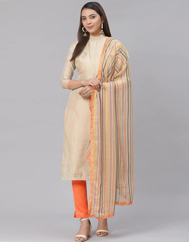 Beige Chanderi Cotton Pant Salwar Suit for Women - Comfortable Indian Traditional Outfit for Festivals, Weddings & Special Occasions