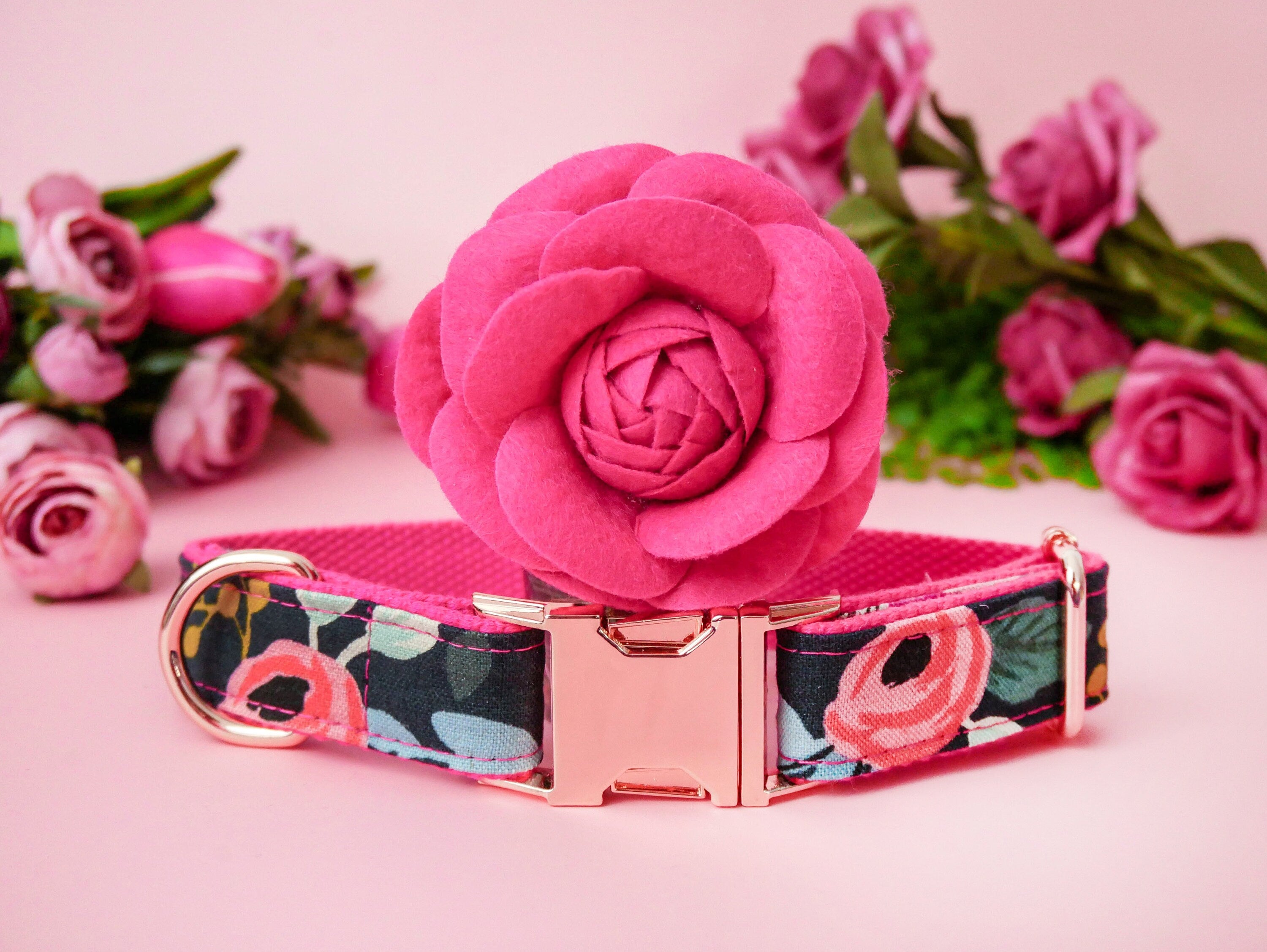 Rifle Paper Co Floral Dog Collar - Rosa Black Pattern, Adjustable Pet Collar for Small Medium Dogs, Perfect for Walks, Training & Outdoor Adventures