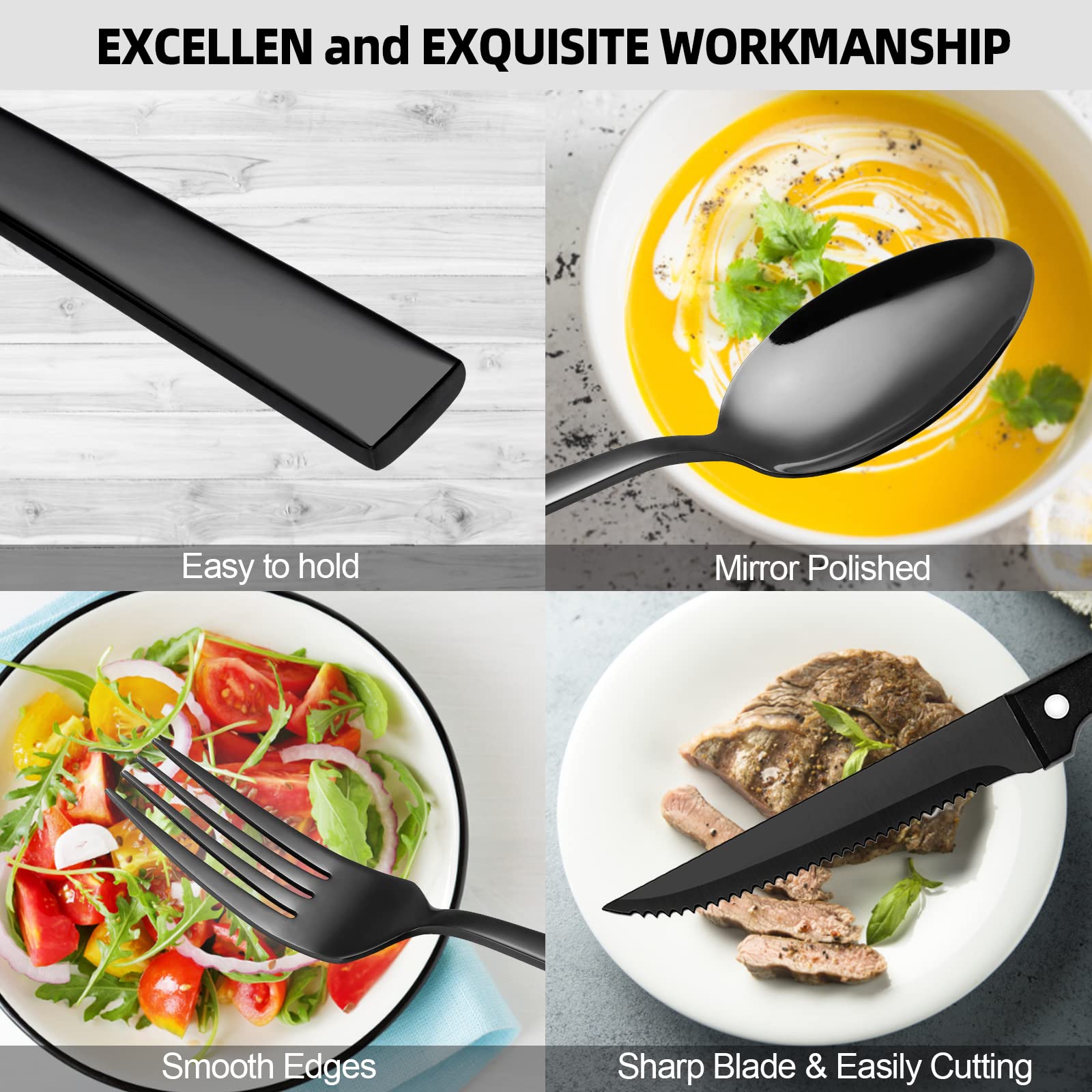 24-Piece Black Silverware Set for 4 with Steak Knives - Premium Stainless Steel Flatware Set for Dining - Elegant Black Cutlery Set for Home & Kitchen - Perfect for Dinner Parties, Restaurants & Daily Use - Hand Wash Recommended