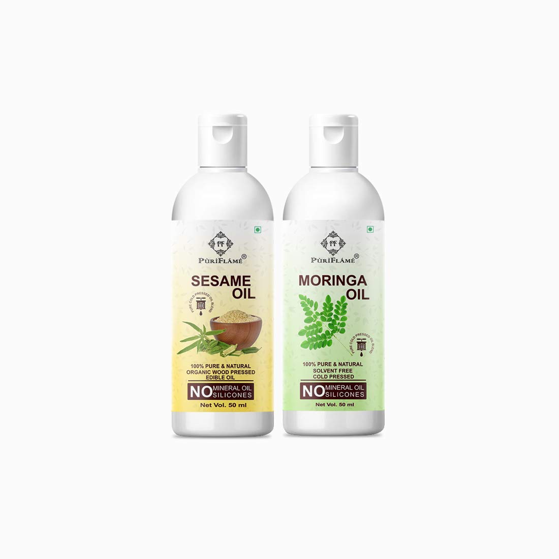 PuriFlame 100% Pure Sesame Oil & Moringa Oil Combo Set (50ML Each) - Natural Hair Growth Treatment for Thicker, Stronger Hair | Reduces Hair Fall & Split Ends | Nourishes for Softer, Shinier Hair | Perfect for Daily Hair Care & Scalp Massage (Pack of 2)