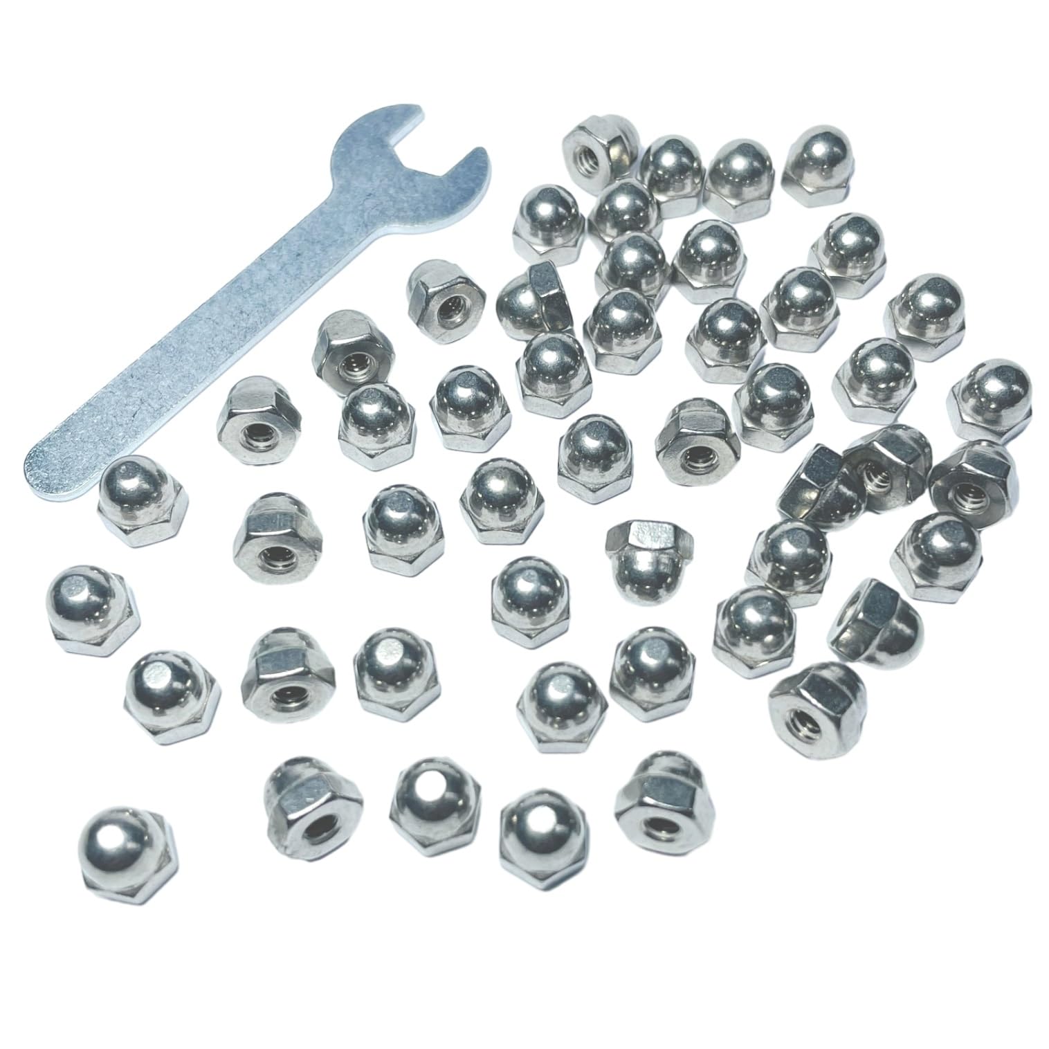 50pcs #8-32 Acorn Cap Nuts, 304 Stainless Steel Dome Head Hex Nuts with Bright Finish - 18-8 Grade Hardware Nuts for Furniture, Automotive & DIY Projects - Includes Open End Wrench for Easy Installation