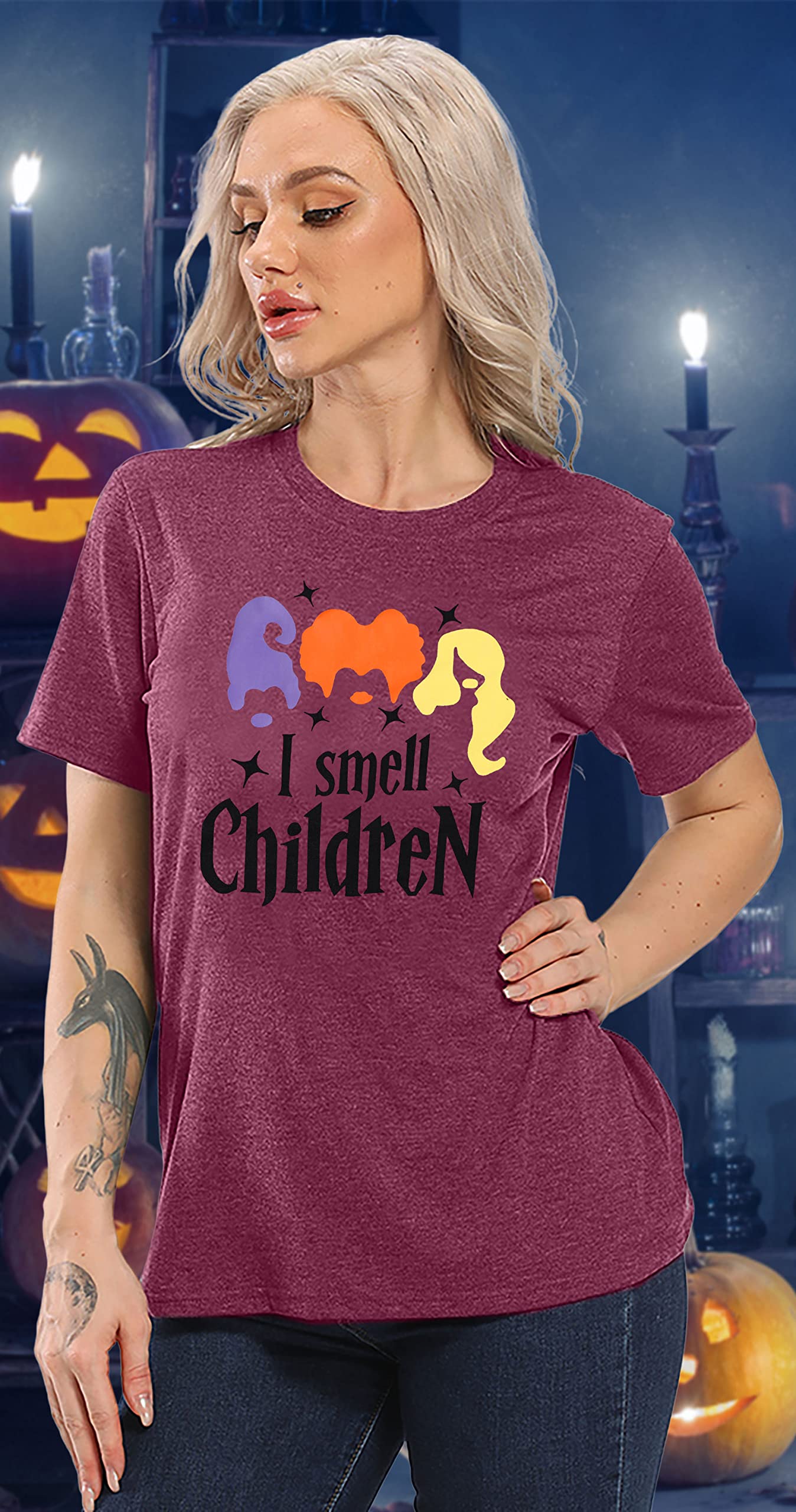 FLOYU Women's Halloween T-Shirt - Sanderson Sisters Inspired Hocus Pocus Shirt with 'I Smell Children' Print | Casual Halloween Costume Top for Teachers, Cosplay, and Halloween Parties