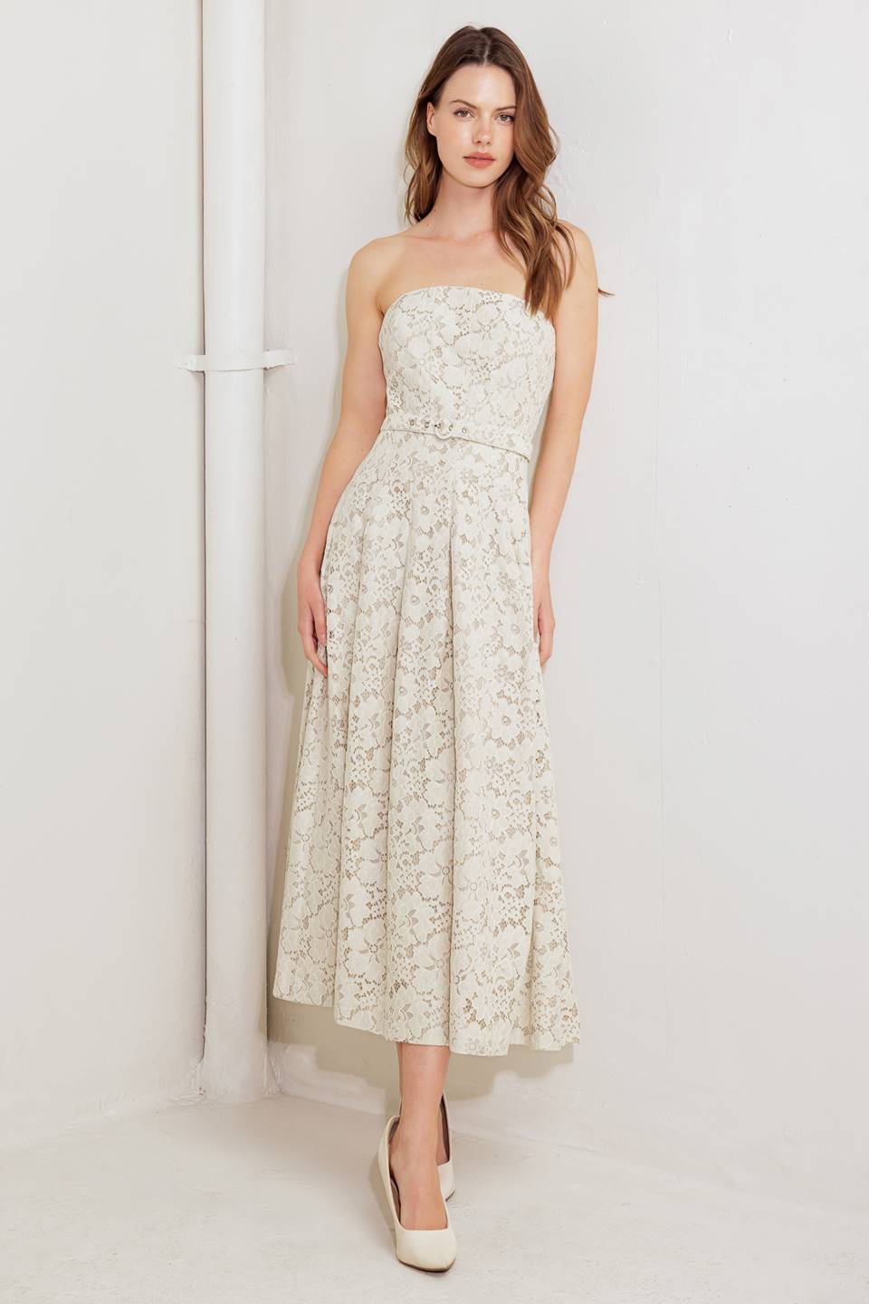 Emory Ivory Lace Midi Dress for Women - Elegant Floral Lace Party Dress for Wedding, Cocktail, Evening & Special Occasions