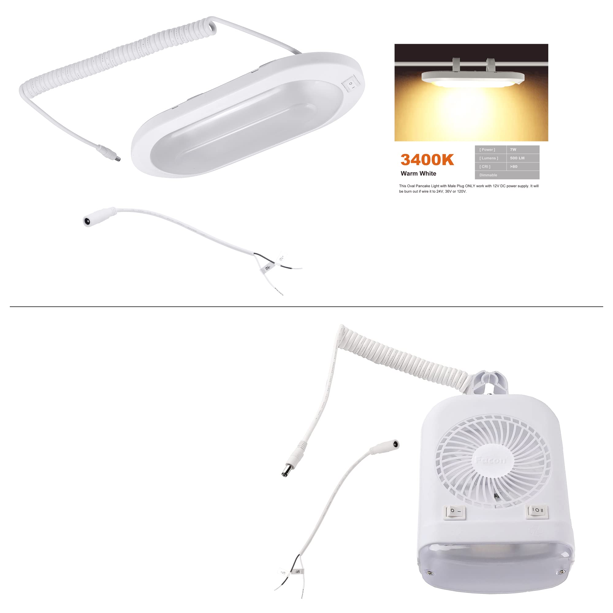 12V RV Camper Fan with LED Light Combo - Independent Switch, Bright Oval Pancake Light, Pop-Up Male Plug & Holding Bracket - Perfect for RV, Camper, Van & Off-Grid Living