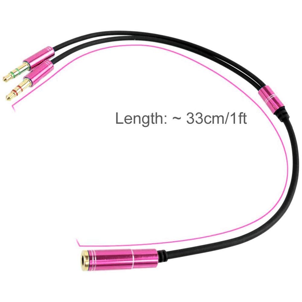 3.5mm Headphone Splitter Adapter - Female to Dual 3.5mm Male Audio Y Cable - 4-Pin Mic Compatible for Smartphone to PC Connection (Pink) - Perfect for Gaming, Podcasting & Online Meetings