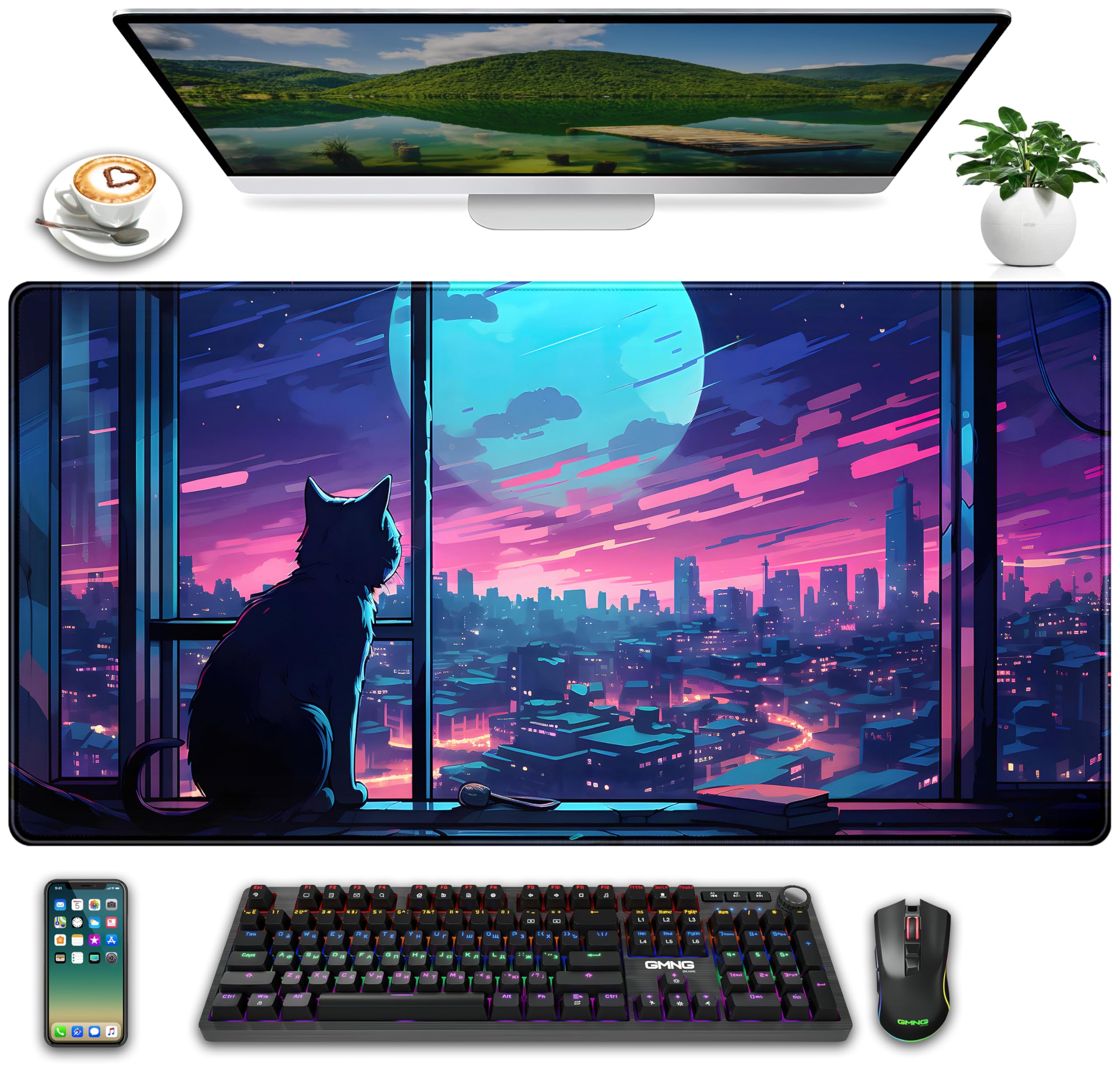 XXL Cute Purple Kawaii Anime Moon Cat Gaming Mouse Pad (31.5x15.75 in) - Large Non-Slip Desk Mat for Computer, Laptop, Keyboard & Mouse - Perfect for Gamer Girls, Women Office Decor & Anime Lovers - Ideal for Gaming Setups, Workstations & Home Office Desks