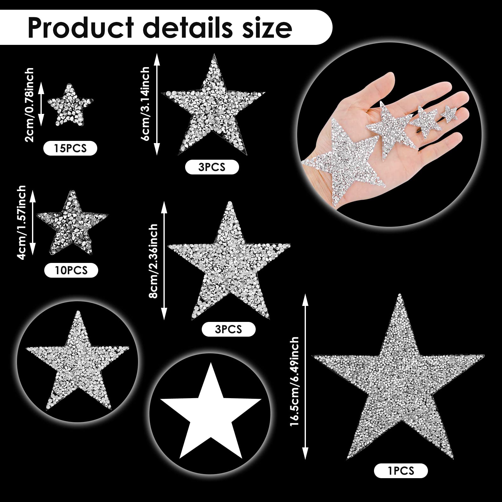 32 Pcs Silver Iron-On Star Rhinestone Patches - 5 Sizes Self-Adhesive Bling Appliques for Clothes, Jeans & Shoes Repair & Decoration - Perfect for DIY Fashion, Costume Design & Embellishments