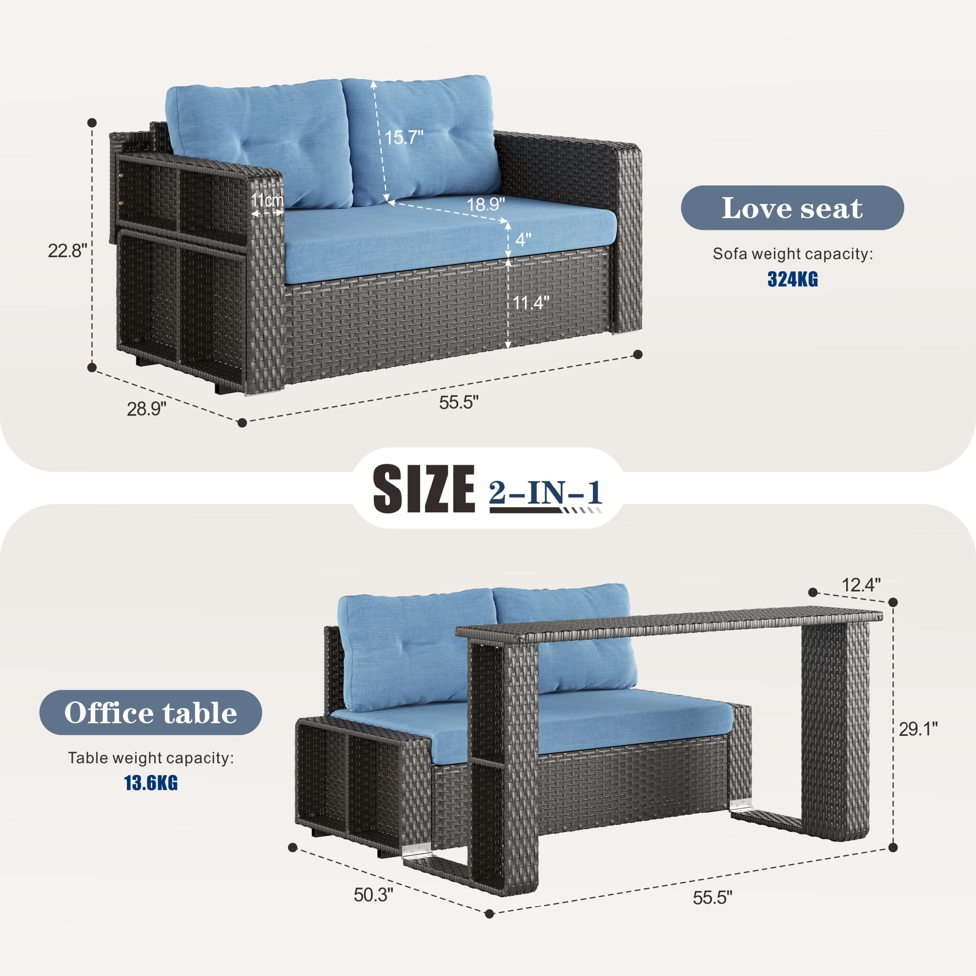 4-Seat Outdoor Patio Furniture Set with 2 Padded Rocking Chairs & Wicker Sofa - Blue Cushion for Backyard, Garden, Poolside Relaxation and Conversation