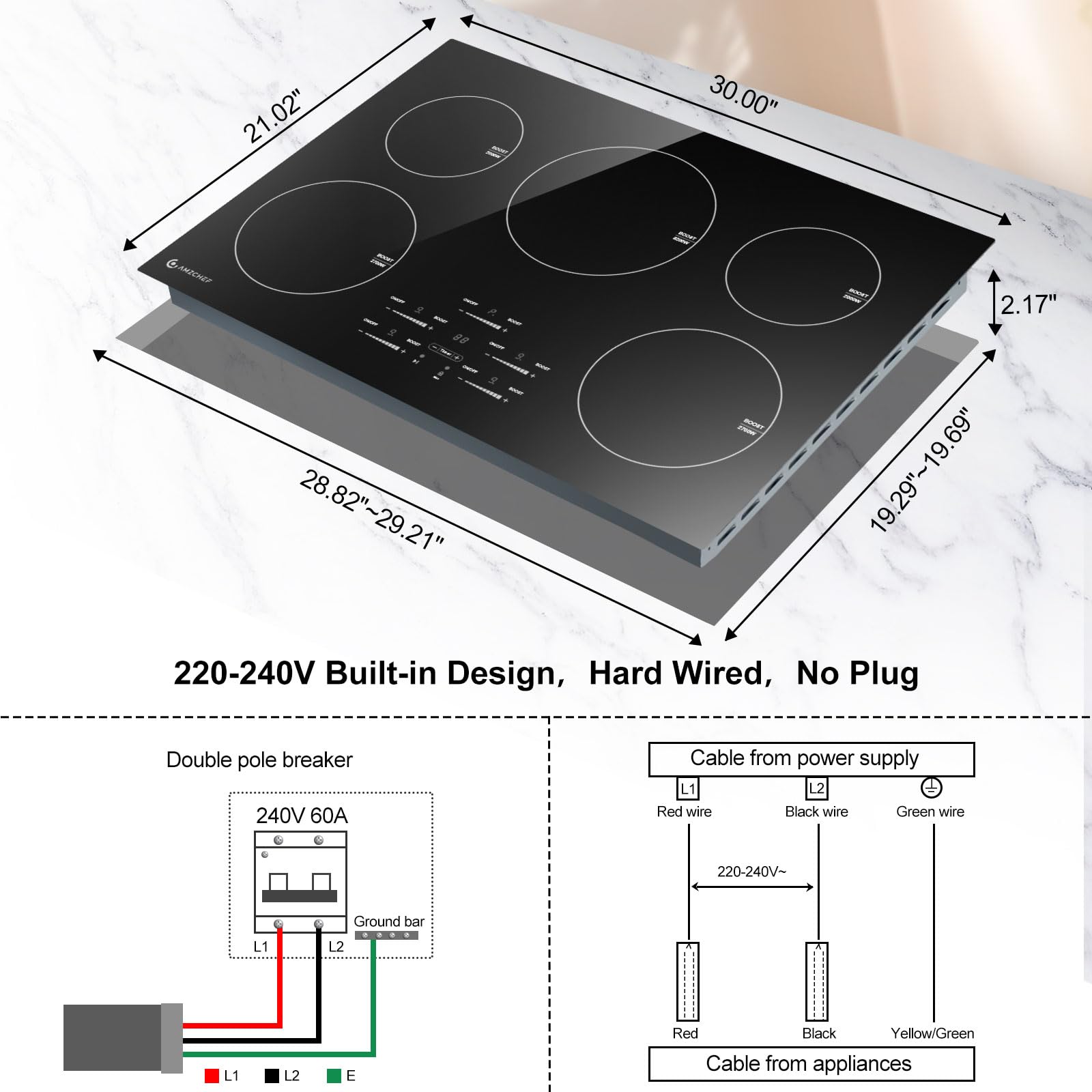 AMZCHEF 30 Inch 10600W Built-in Induction Cooktop with 5 Boost Burners - 9 Power Levels, Slide Touchscreen Control, Child Safety Lock, Independent Timer - 240V No Plug - Perfect for Home Kitchen, Restaurant & Commercial Cooking