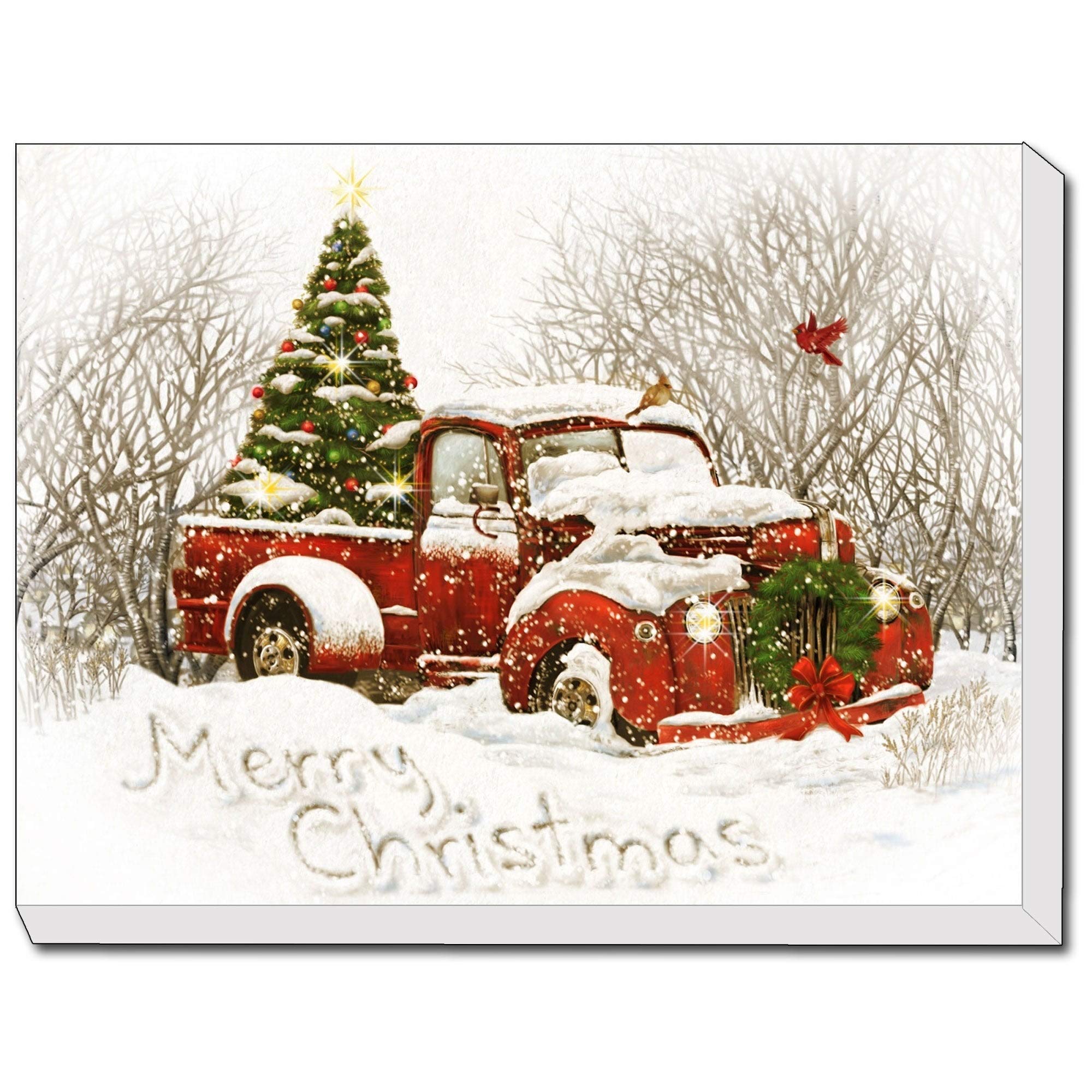 Vintage Christmas Tree Truck LED Lighted Canvas Wall Art - Ready to Hang Printed Holiday Decor - Handmade Rectangle Canvas for Home, Office & Seasonal Decorations