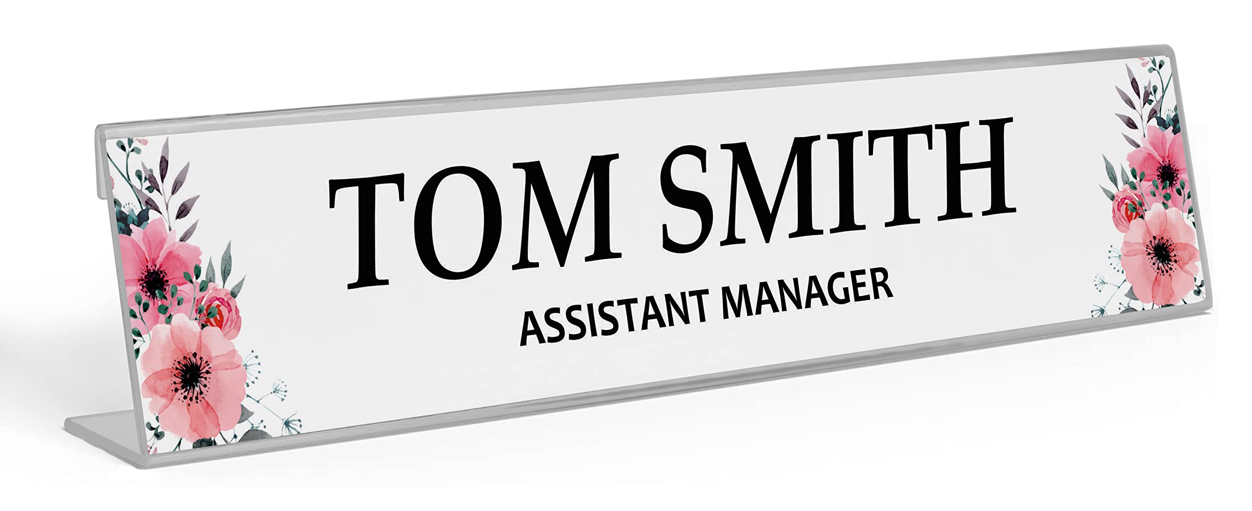 Personalized Desk Name Plate - Custom Acrylic Office Name Sign with Pretty Floral Design (2x8 Inches) - Perfect for Workstations, Reception Desks & Corporate Gifts