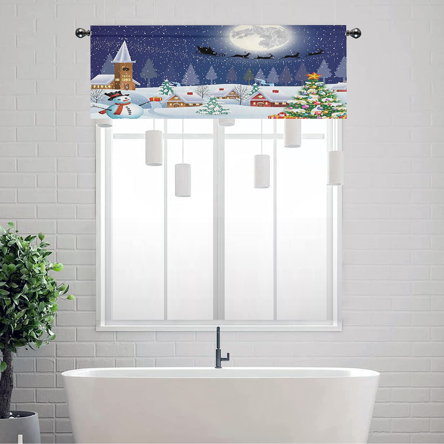 Christmas Window Valances - Festive Holiday Decor Short Curtains for Kitchen, Bedroom & Bathroom - Winter Snowman, Xmas Tree & Santa Print Thermal Insulated Small Curtains 42