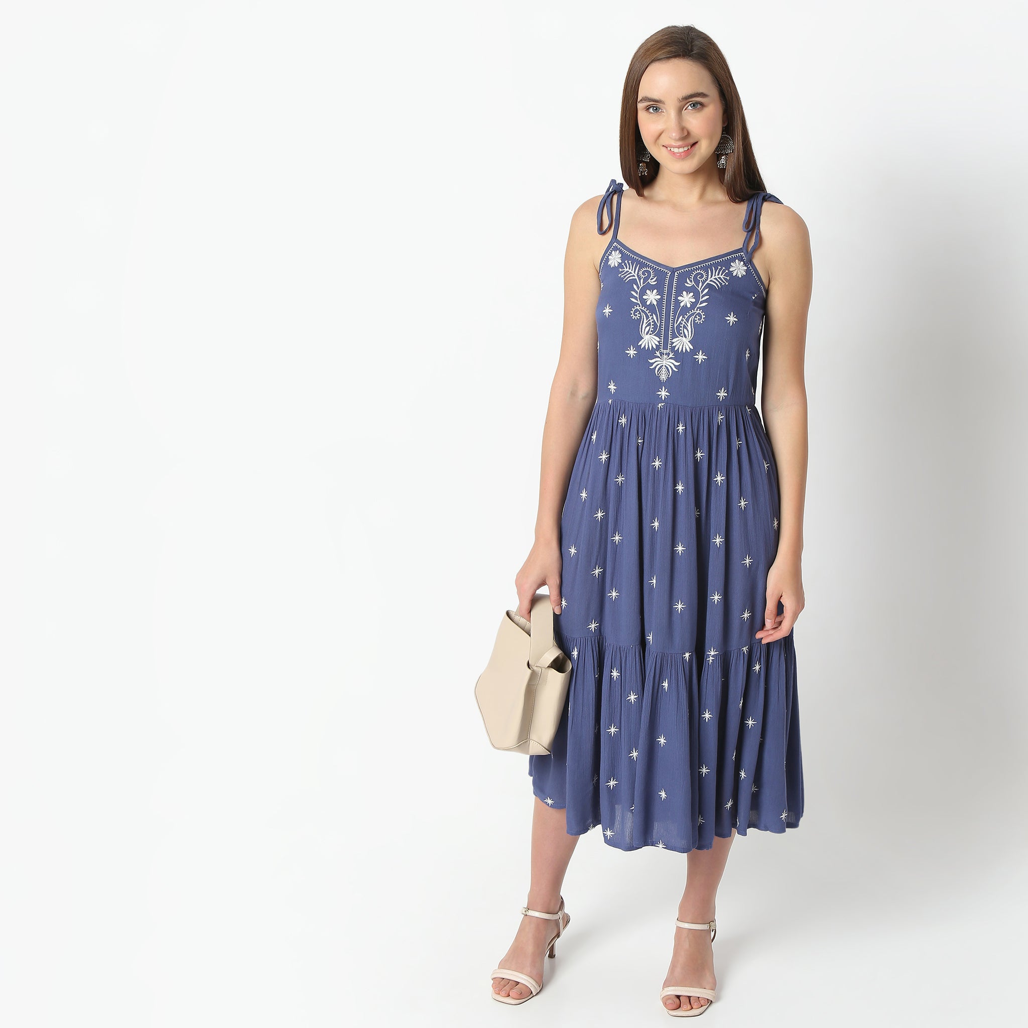Flare Fit Embroidered Below Knee V-Neck Spaghetti Strap Dress for Women - Elegant Summer Party, Wedding Guest, and Casual Outfit