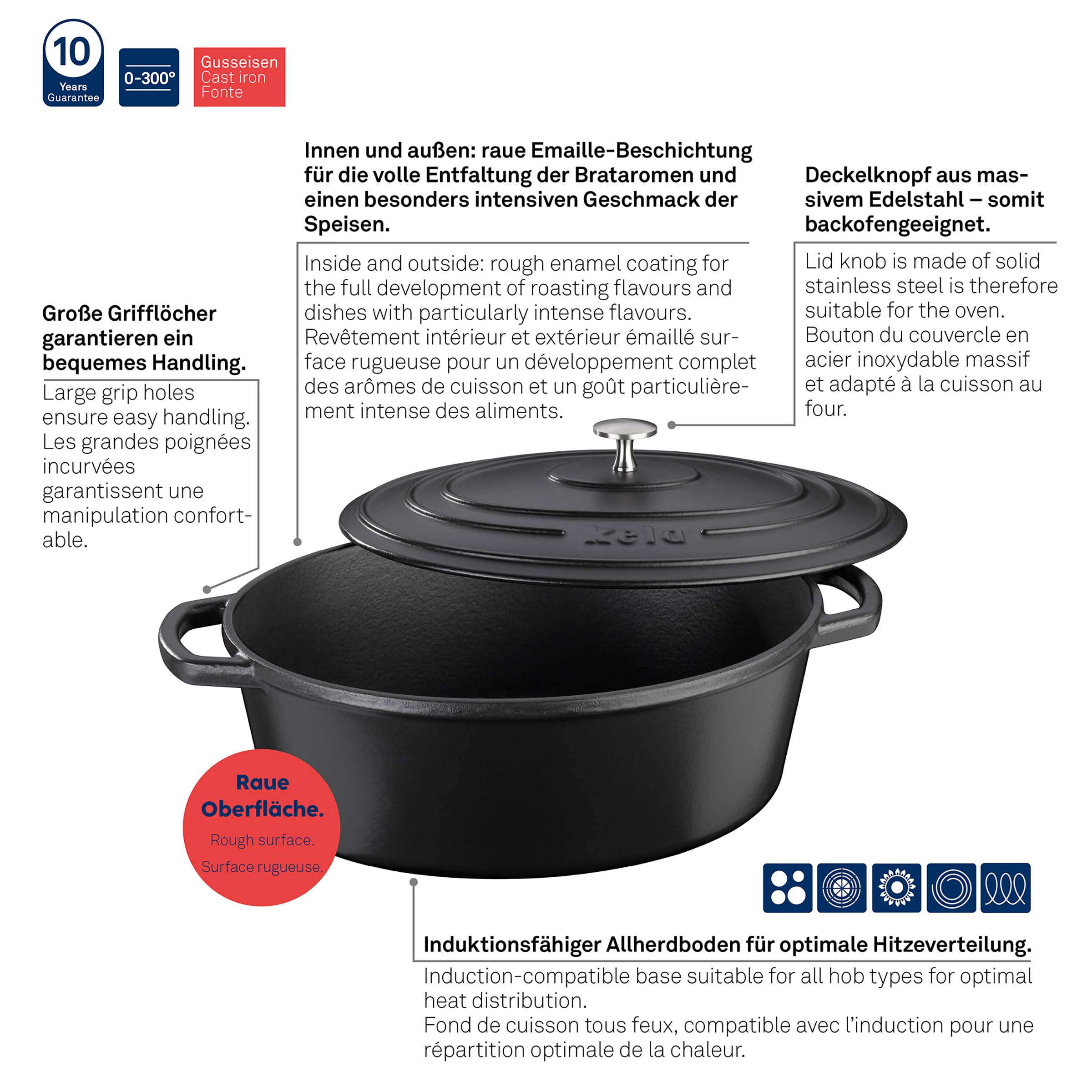 Kela Calido 9.5L Cast Iron Oval Casserole Dish - Black Enamel Dutch Oven for Baking, Roasting & Serving - Perfect for Oven, Stovetop & Camping Cooking
