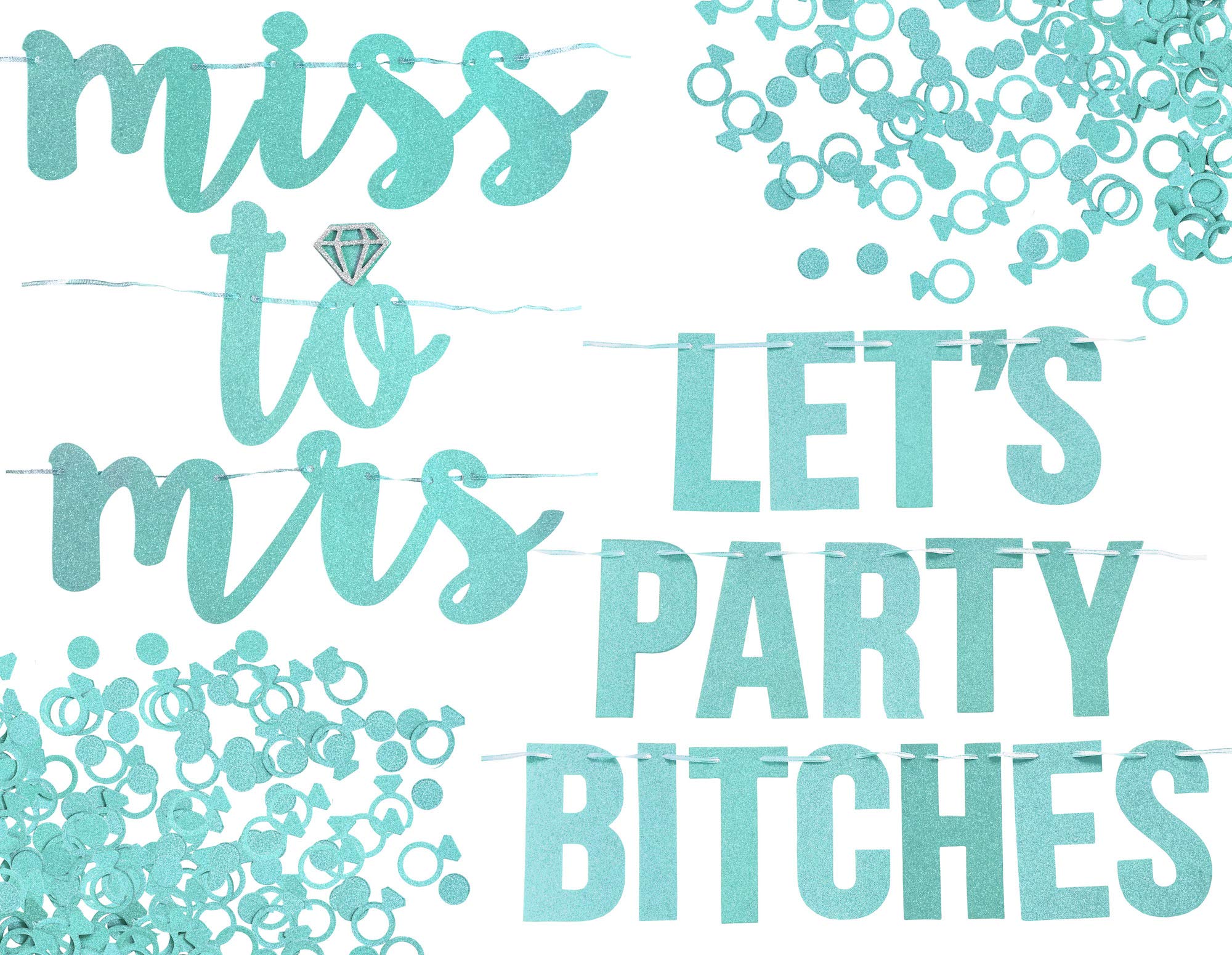 Miss to Mrs Bachelorette Party Banner Set - Sparkly Wedding & Engagement Decor with Diamond Ring & Confetti (Aqua) - Perfect for Bridal Showers, Bachelorette Parties & Wedding Receptions