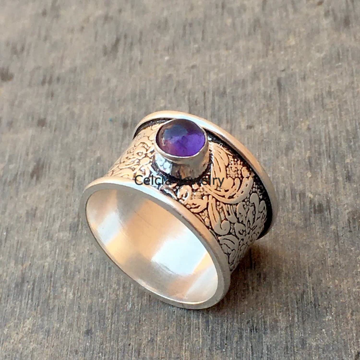 Genuine Amethyst Cabochon Round Spinning Ring - Anxiety Relief Fidget Ring, Worry Silver Spinner Ring for Meditation, February Birthstone Jewelry, Mothers Day Gift (US Size 7) - Perfect for Stress Relief, Focus & Mindfulness Practice